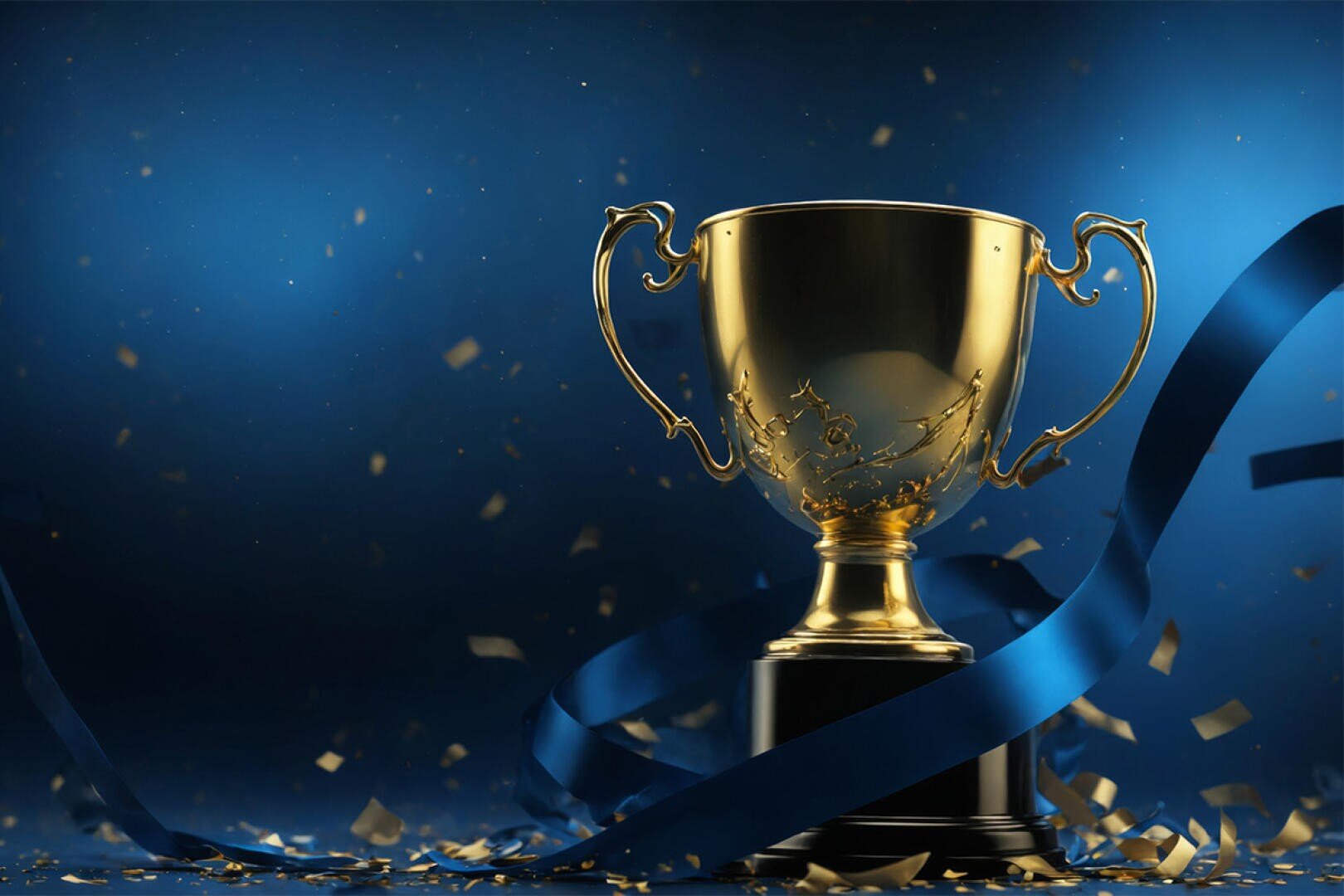 A gold trophy with ornate handles sits on a black base amid falling gold confetti and a blue ribbon, set against a gradient blue background.
