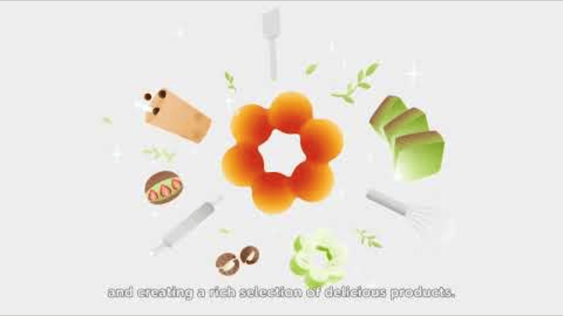An illustration of various baked goods, including a flower-shaped pastry, bread slices, a rolled cake, and utensils like a whisk and spatula, with small leaves and sparkles, and subtitle text at the bottom.