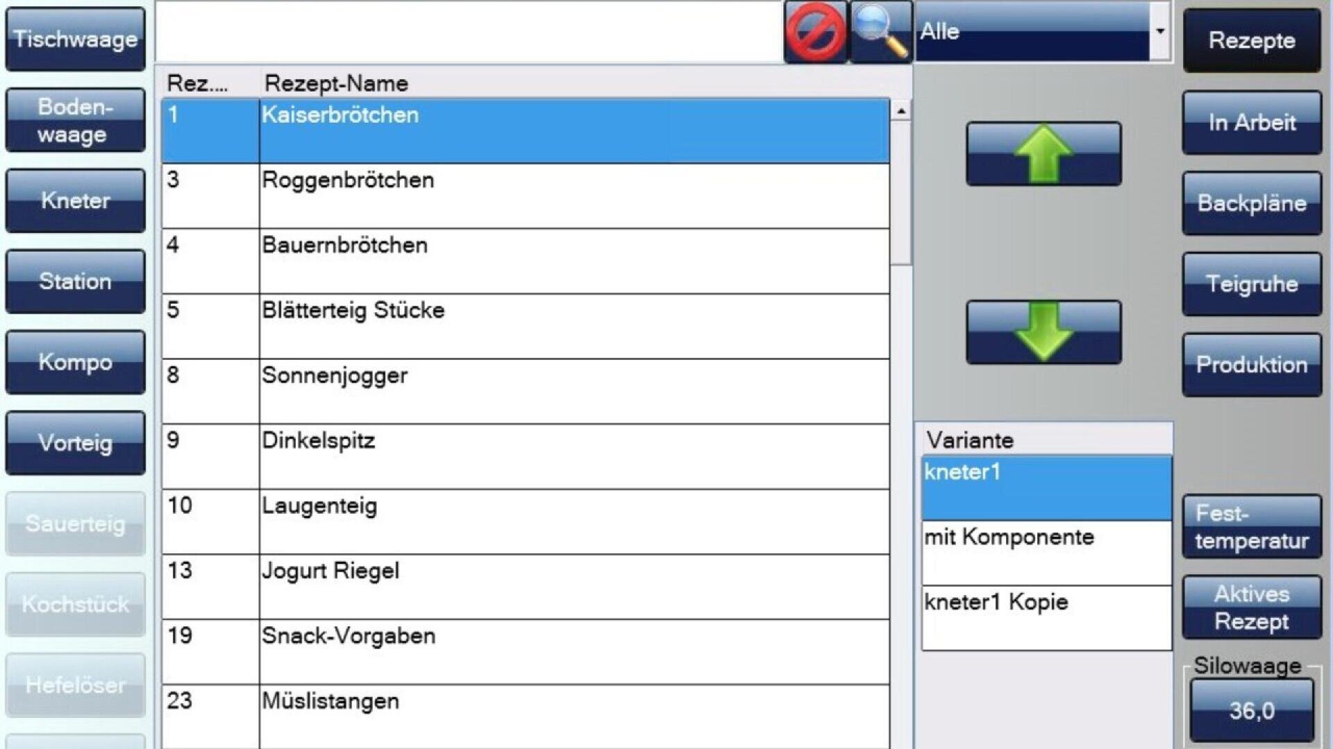 Screenshot of a bakery control panel displaying a list of bread recipes, including Kaiserbrötchen, Roggenbrötchen, and Bauernbrötchen. Navigation buttons and various menu options are visible on the right side.