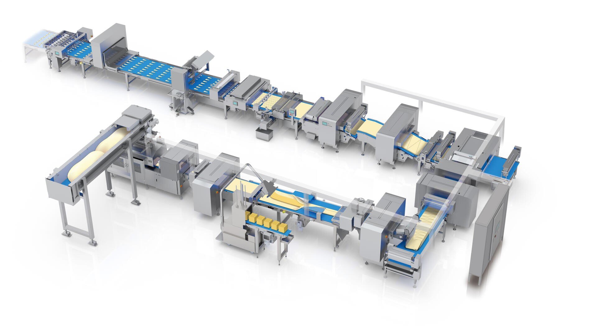 A modern automated food production line with conveyors, machines for cutting, shaping, baking, and packaging items on a white background.