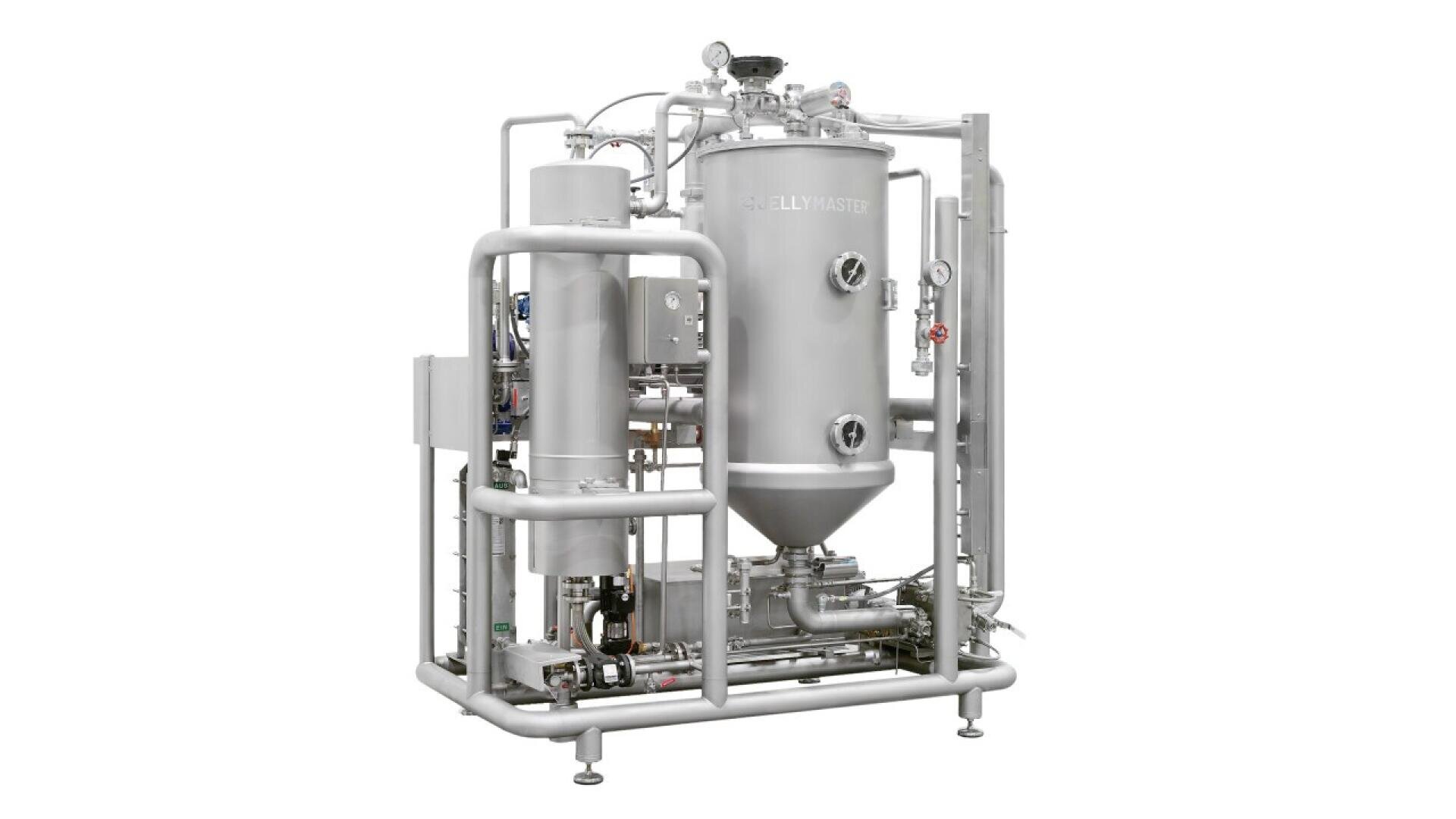 A large, industrial stainless steel filtration machine with multiple tanks, pipes, gauges, and valves, enclosed by a protective metal frame, designed for processing liquids in a factory setting.