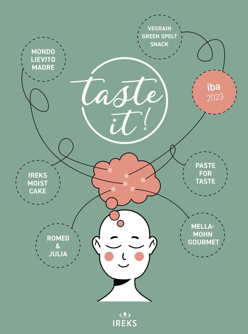 Illustration einer Person mit geschlossenen Augen und einem zufriedenen Gesichtsausdruck, verbunden durch Linien zu sechs Produktnamen: MONDO LIEVITO MADRE, VEGRAIN GREEN SPELT SNACK, IREKS MOIST CAKE, PASTE FOR TASTE, ROMEO & JULIA, und MELLA-MOHN GOURMET.