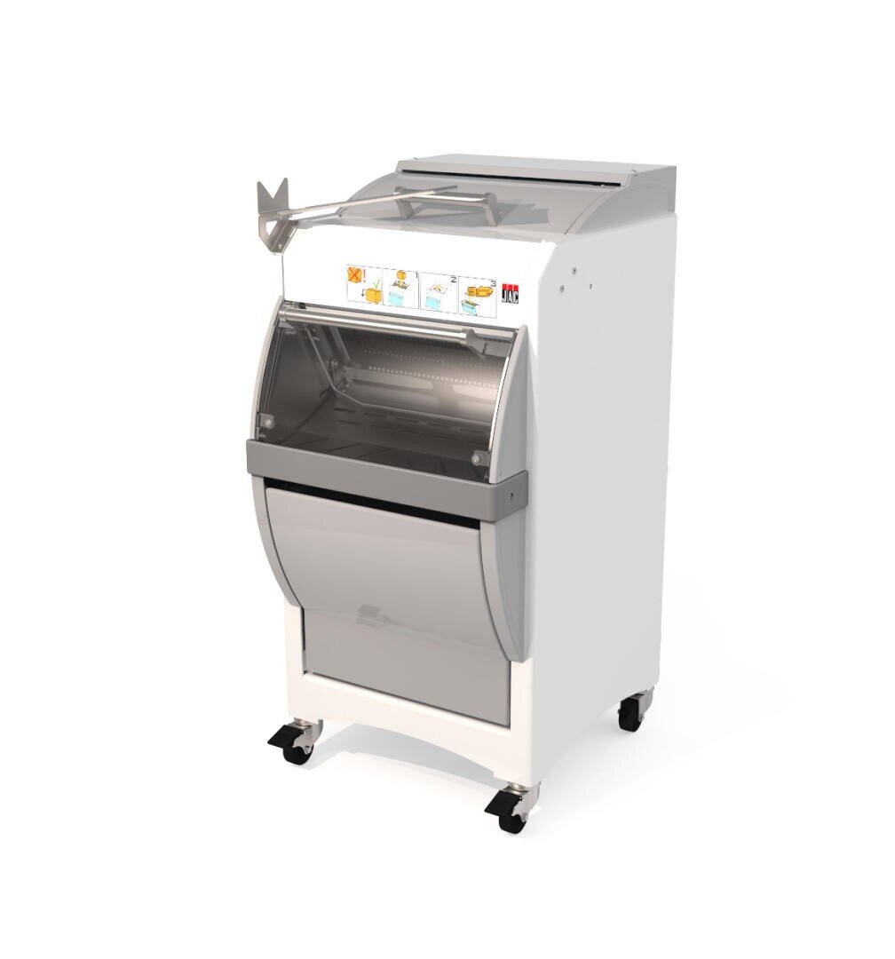 Eine handelsübliche Brotschneidemaschine mit durchsichtigem Schutzgitter, Bedientasten auf der Vorderseite und Rädern für die Mobilität, dargestellt vor einem schlichten weißen Hintergrund.