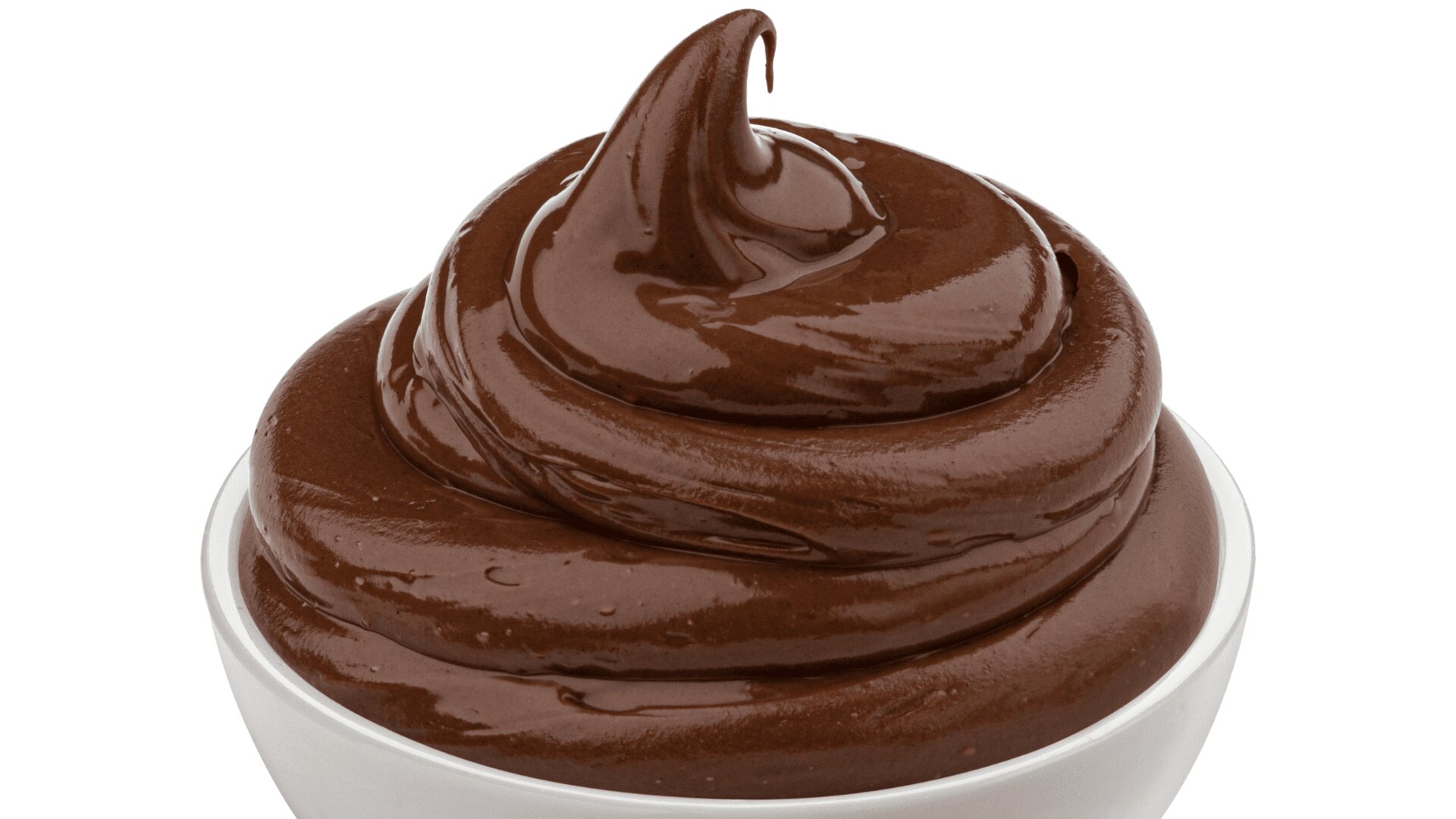 A swirl of creamy, glossy chocolate pudding or mousse in a white bowl, isolated on a white background.