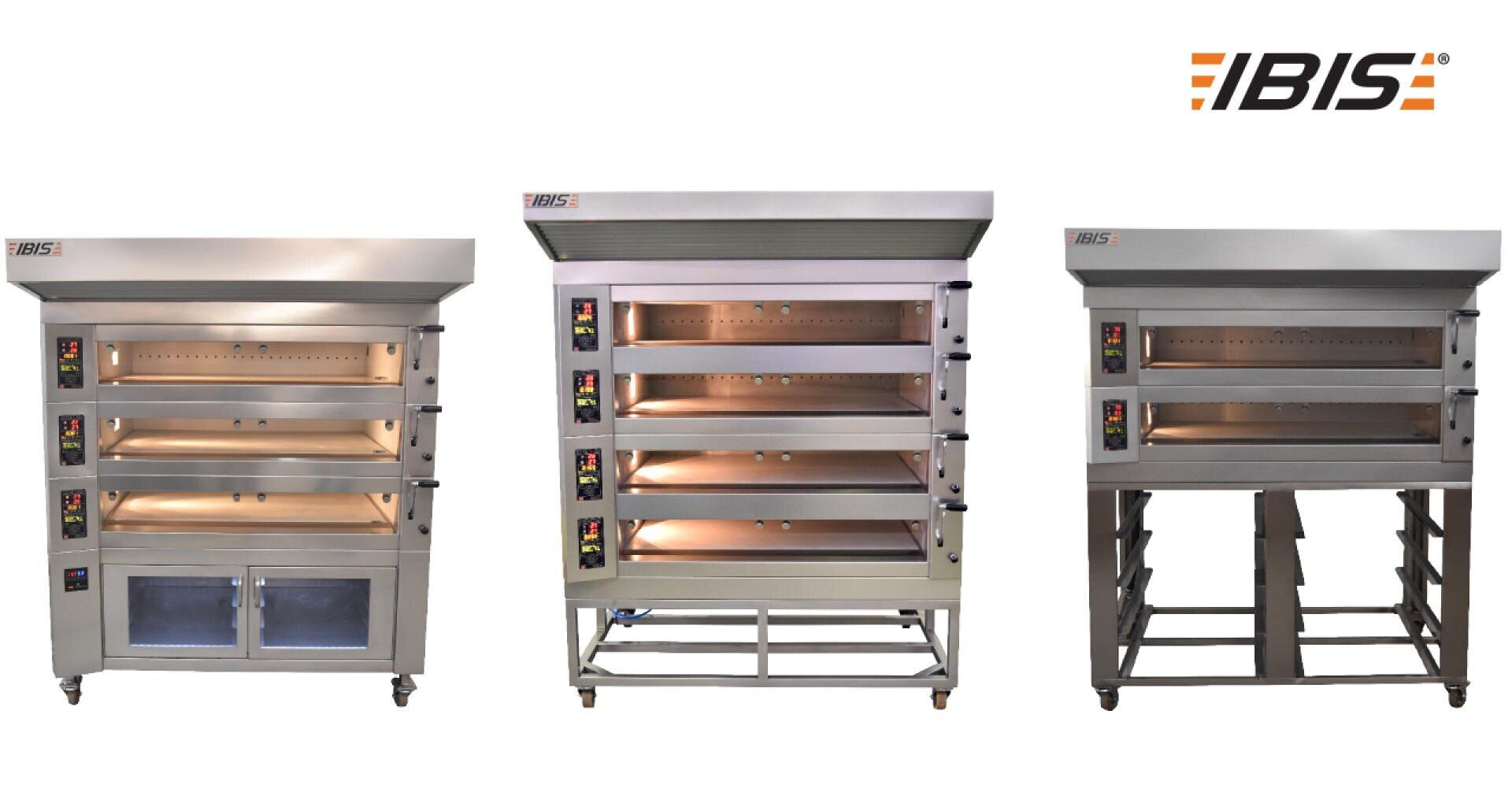 Three stainless steel commercial bakery ovens with glass doors and digital controls, each having three stacked baking chambers, are displayed side by side. The IBIS brand logo appears in the top right corner.