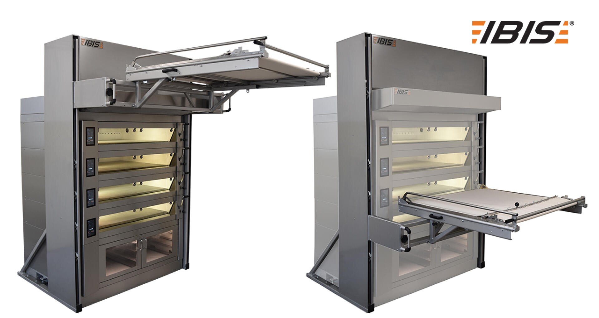 Two industrial baking ovens with multiple decks and digital controls, each featuring a sliding tray mechanism extended outward. IBIS logo is displayed in the top right corner.