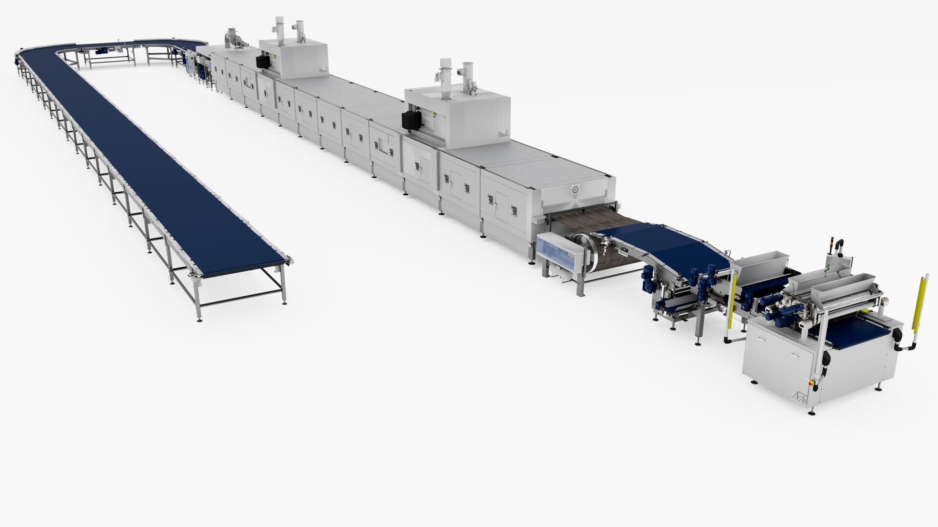 A large industrial food processing machine with multiple conveyor belts, ovens, and automated sections, used for continuous production on a white background.
