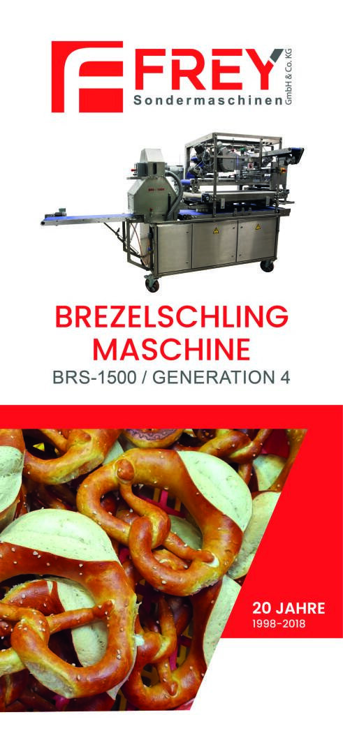 Werbeplakat für FREY Sondermaschinen mit der Brezelzwirnmaschine BRS-1500 Generation 4, einer Abbildung von Brezeln und einem Hinweis auf das 20-jährige Bestehen (1998-2018).