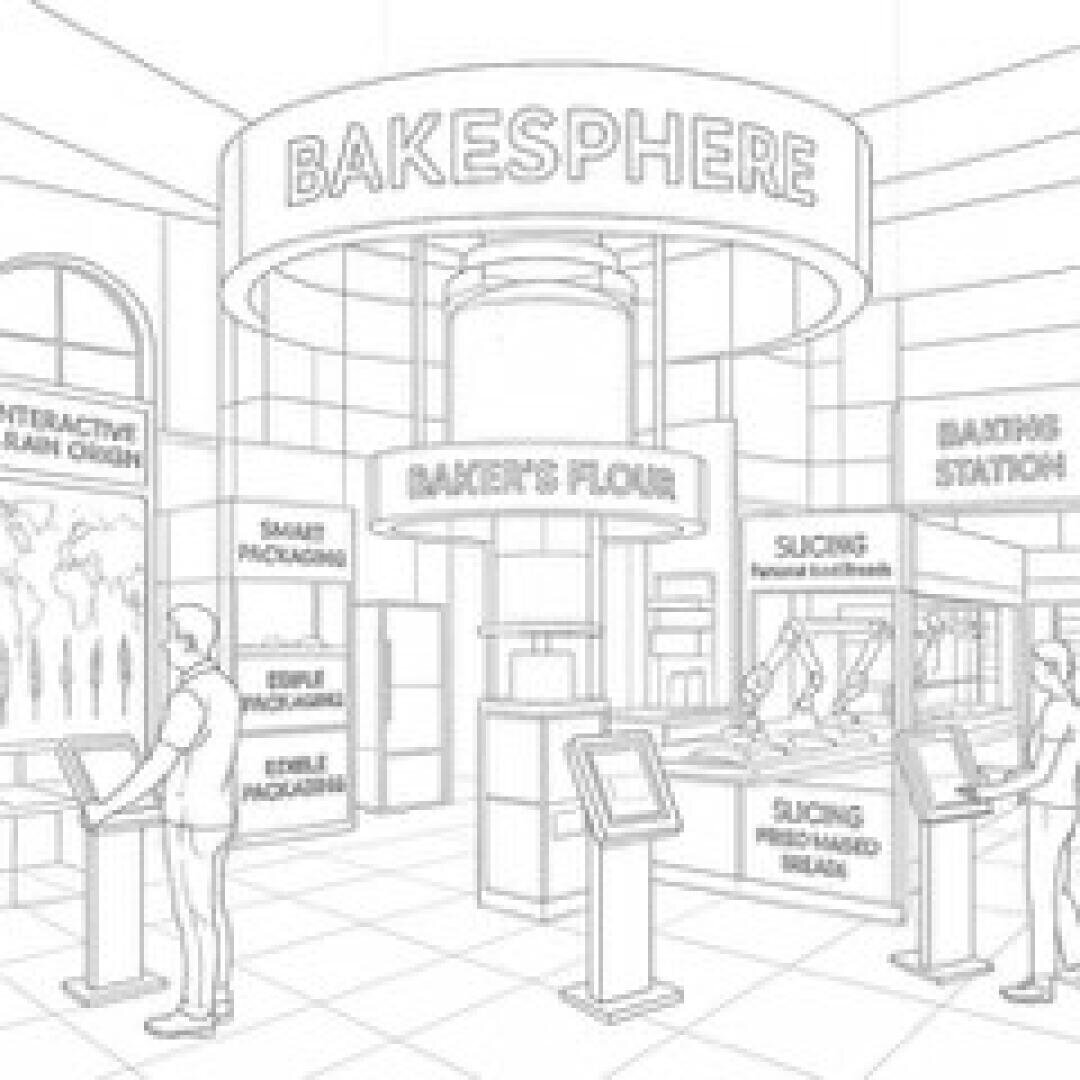 Line drawing of a modern bakery exhibit called BAKESPHERE, featuring interactive touchscreens, baking stations, and packaging sections, with people engaging at various displays in a spacious, well-lit area.