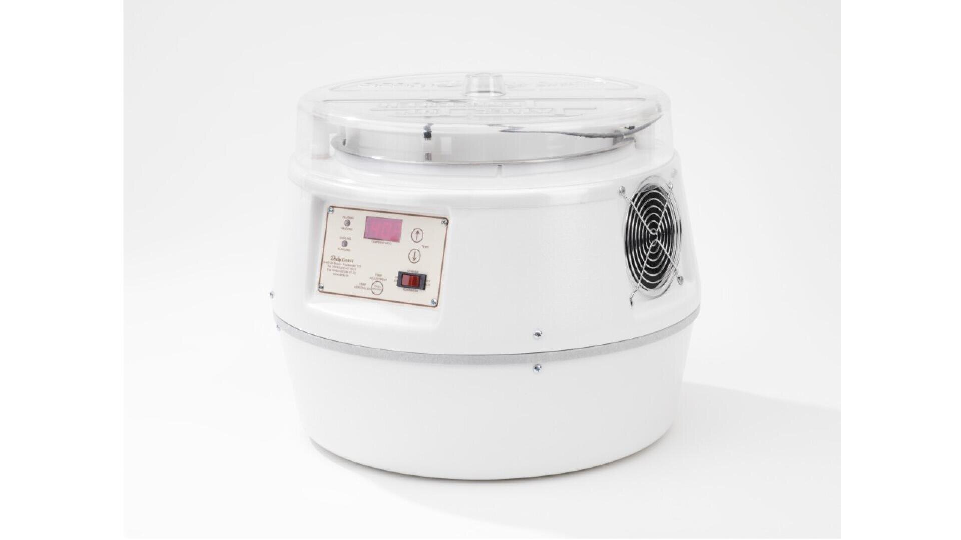 A white laboratory centrifuge with a transparent lid, digital display, control buttons, and an air vent on the side, placed on a white background.