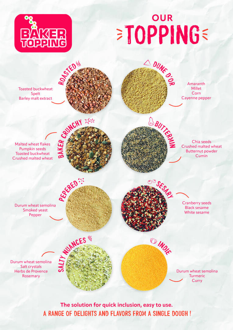Eight circular piles of colorful toppings are labeled: Toasted buckwheat, Amaranth millet, Malted wheat flakes, Chia seeds, Crushed red pepper, Cranberry seeds, Wheat semolina with herbs, and Wheat semolina with turmeric.