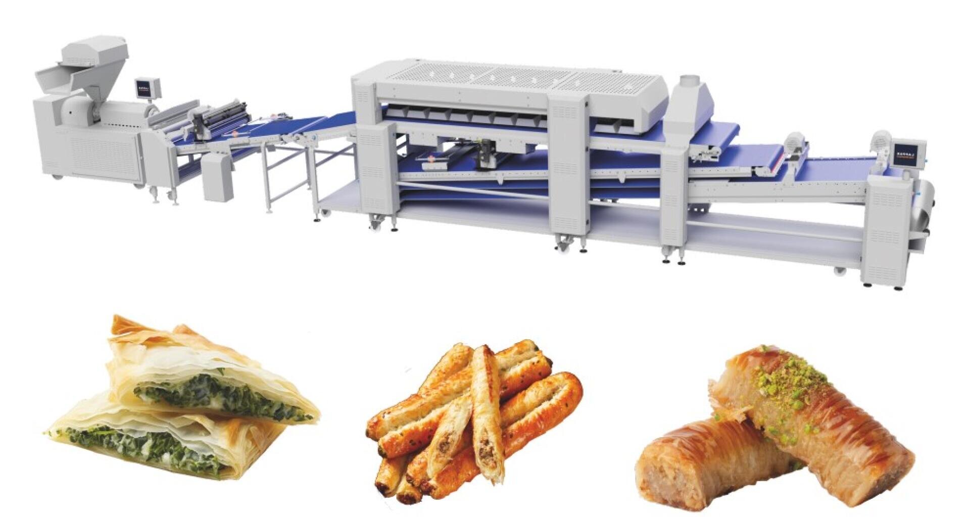 A large automated pastry production machine with conveyors, shown above images of three types of pastries: spinach-filled pastry, rolled pastries, and a pistachio-topped pastry.