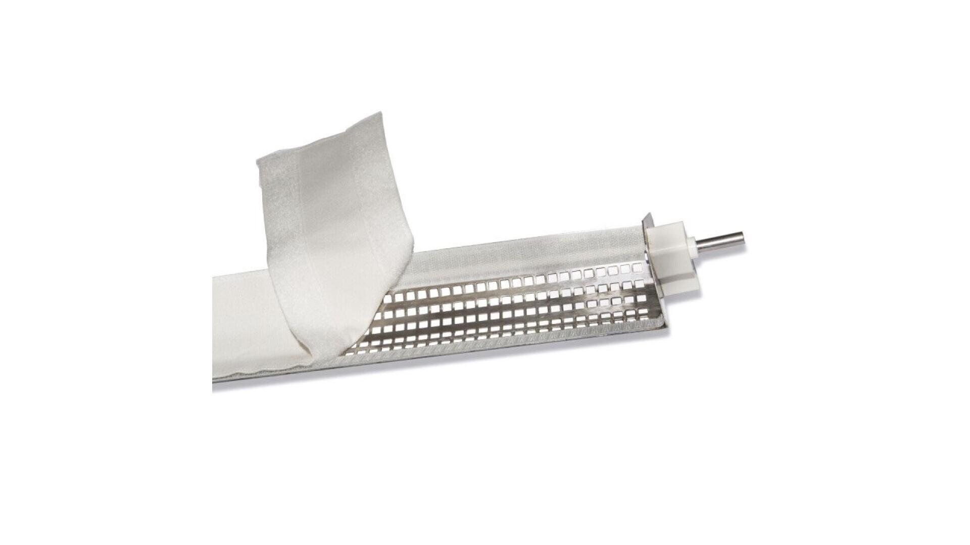 A close-up of a cylindrical metal heating element partially covered by a white insulating fabric, with a white connector and metal rod extending from one end.