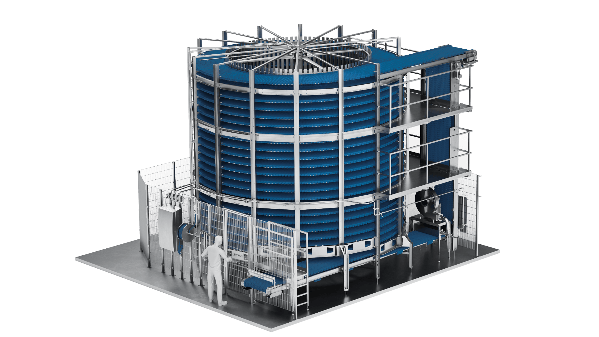 Ein großes industrielles Spiralfördersystem mit mehreren blauen Förderbändern, die eine zentrale Säule umschließen. Eine Person steht in der Nähe, um die beträchtliche Größe der Anlage zu verdeutlichen. Der Hintergrund ist transparent.
