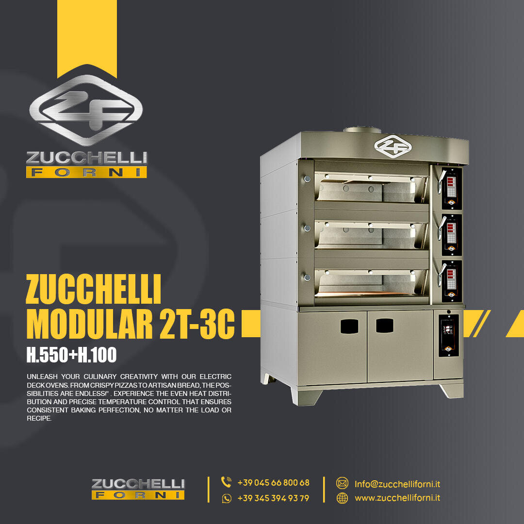 Promotional image for Zucchelli Forni featuring a modular industrial pizza oven with three stacked baking chambers and a lower storage compartment, alongside the company logo, contact information, and descriptive text on a gray background.