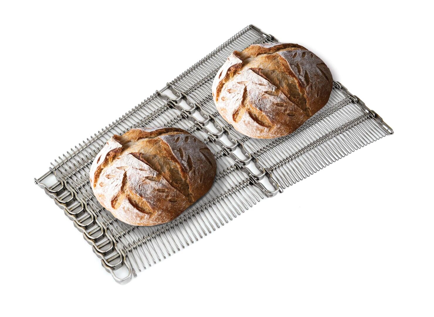 Two round, rustic loaves of artisan bread with leaf-shaped scoring rest on a metal cooling rack against a white background.