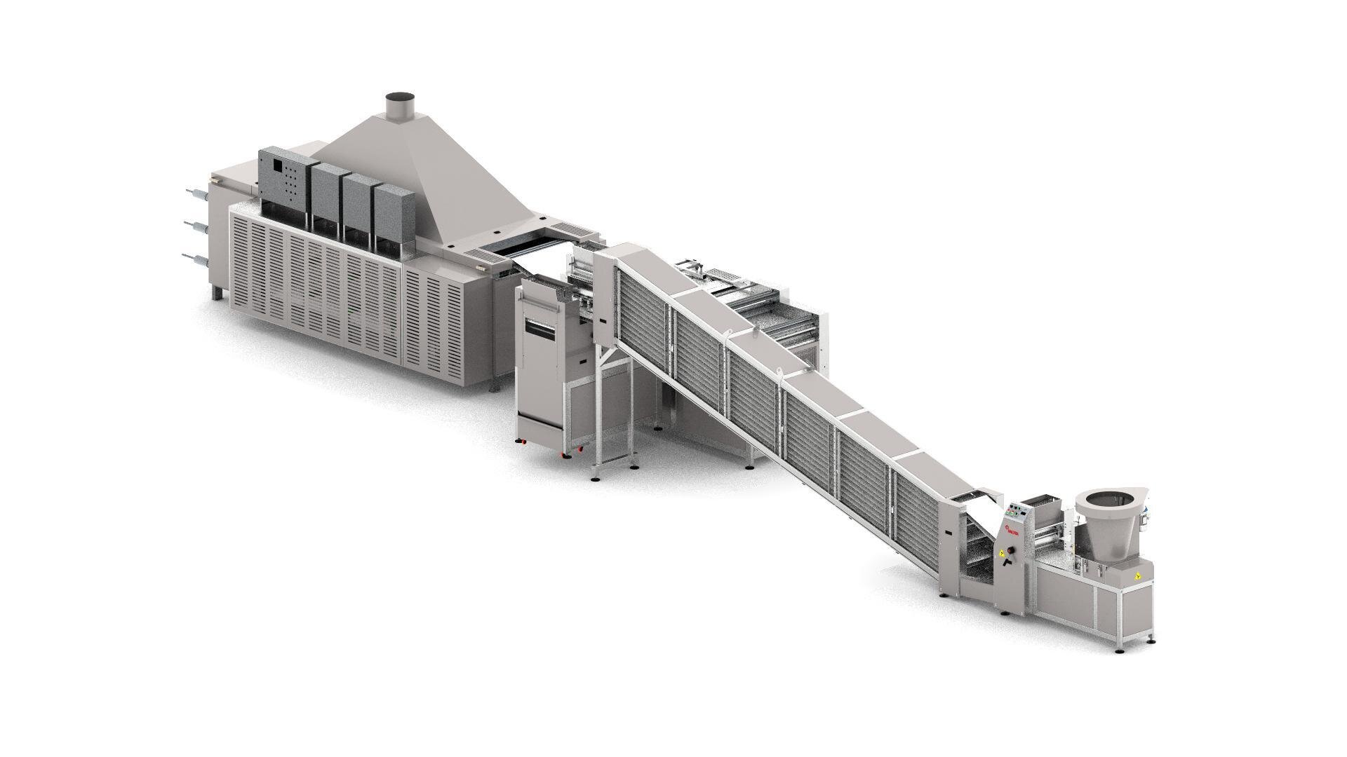 Industrial food processing machine with a large oven-like unit, conveyor belt, control panels, and a hopper, all in metallic finishes, isolated on a white background.