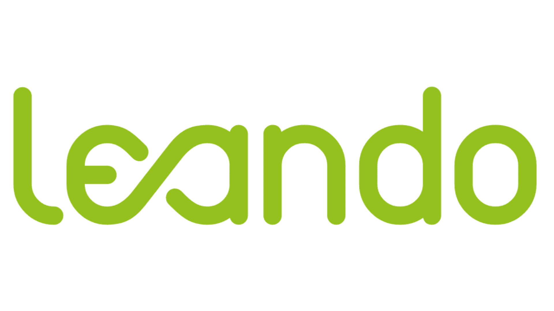The word leando written in a modern, rounded green font with a stylized infinity symbol replacing the a. The background is white.