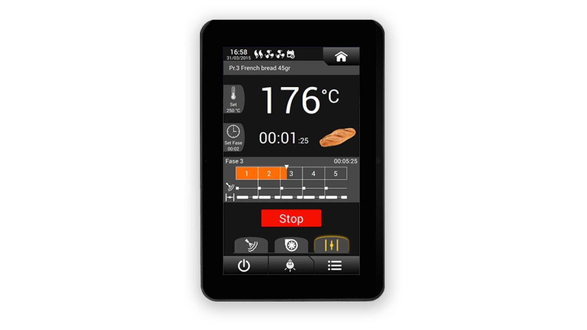 Touchscreen-Bedienfeld des Backofens mit 176 °C, Brotmodus, Timer 00:01:25, Phasenanzeige und großer roter Stopp-Taste. Am unteren Rand sind verschiedene Einstellungssymbole zu sehen.