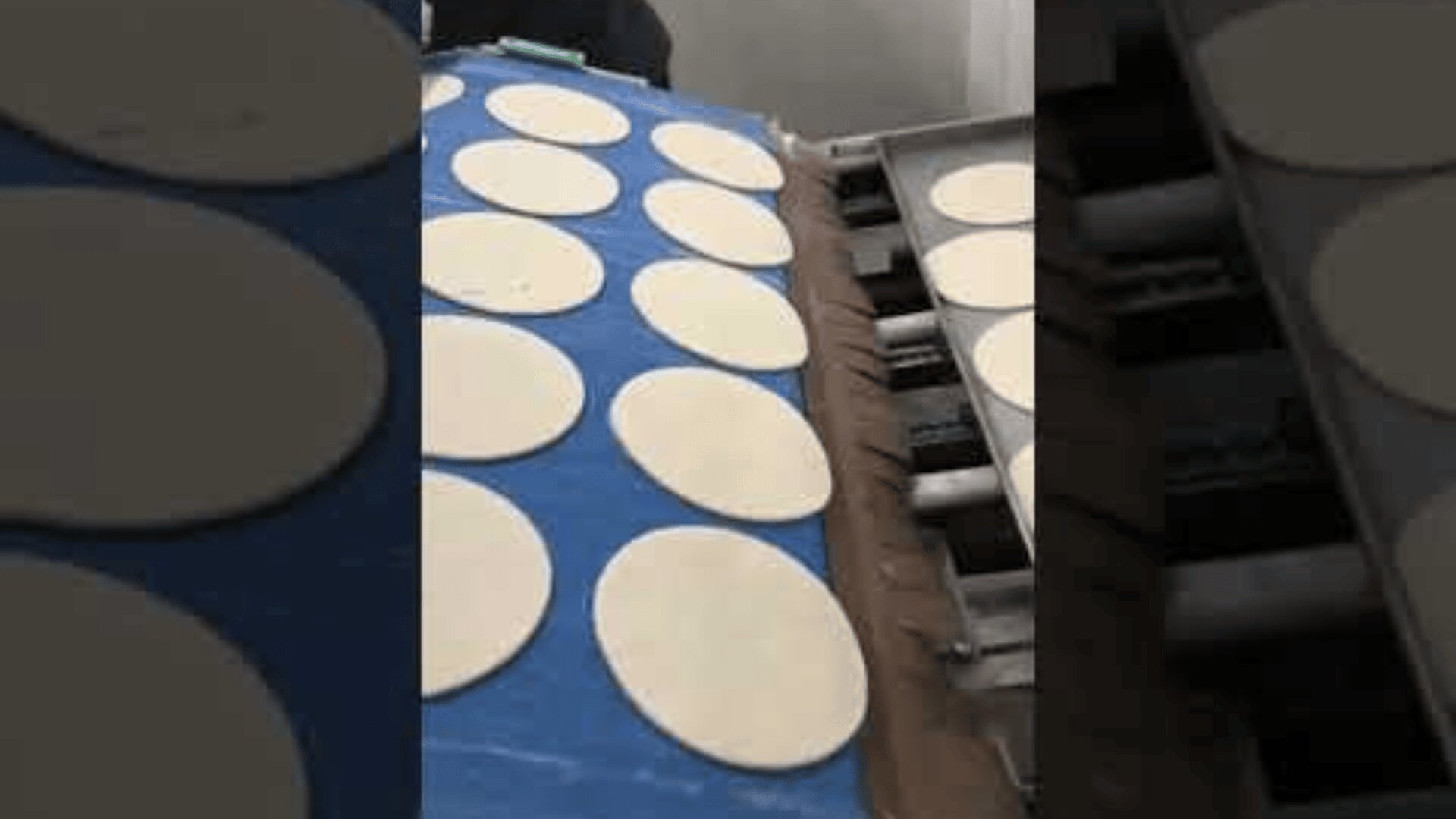 Round pieces of flat dough move along a conveyor belt in a food processing facility, likely for making tortillas or flatbreads. The setting appears industrial and automated.
