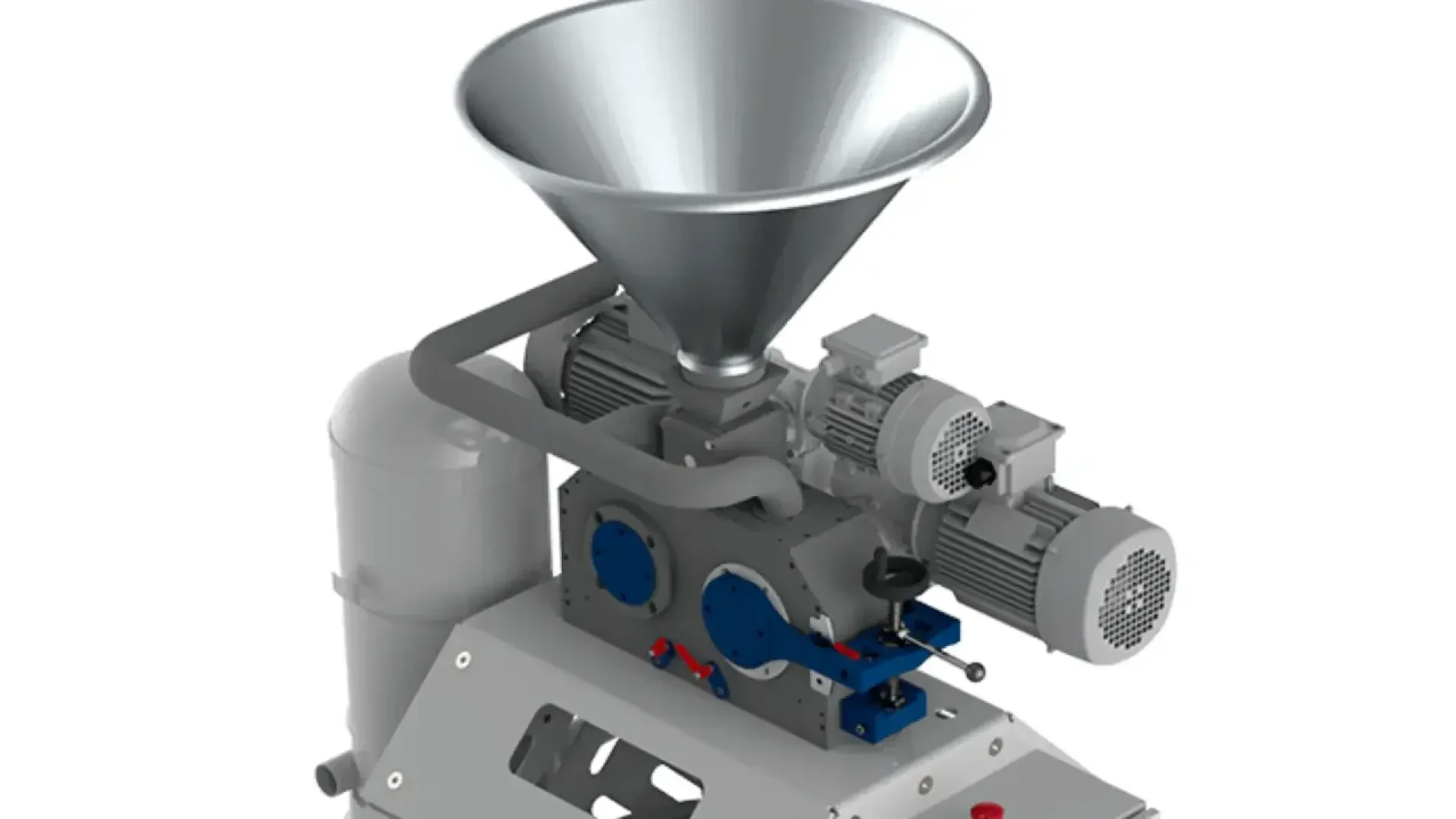 A computerized rendering of an industrial machine with a large metal funnel, two cylindrical electric motors, and various mechanical components, used for processing or manufacturing purposes.