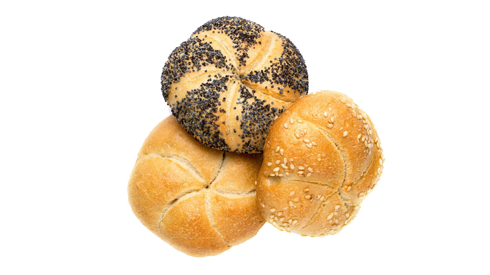 Three round bread rolls, one topped with poppy seeds, one with sesame seeds, and one plain, arranged on a white background.