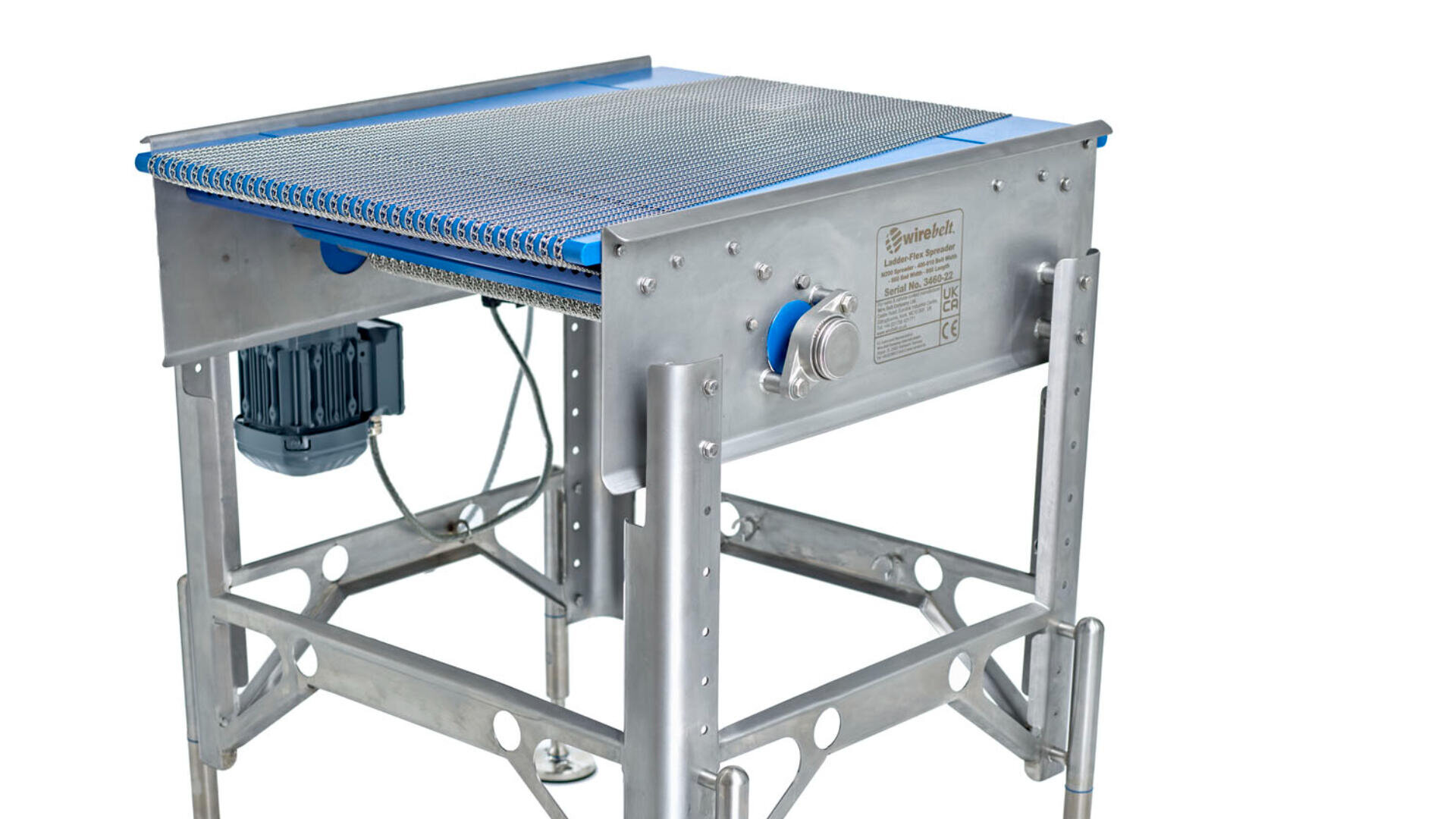 A stainless steel industrial conveyor system with a mesh belt and electric motor, mounted on a sturdy frame, designed for material handling or food processing applications.