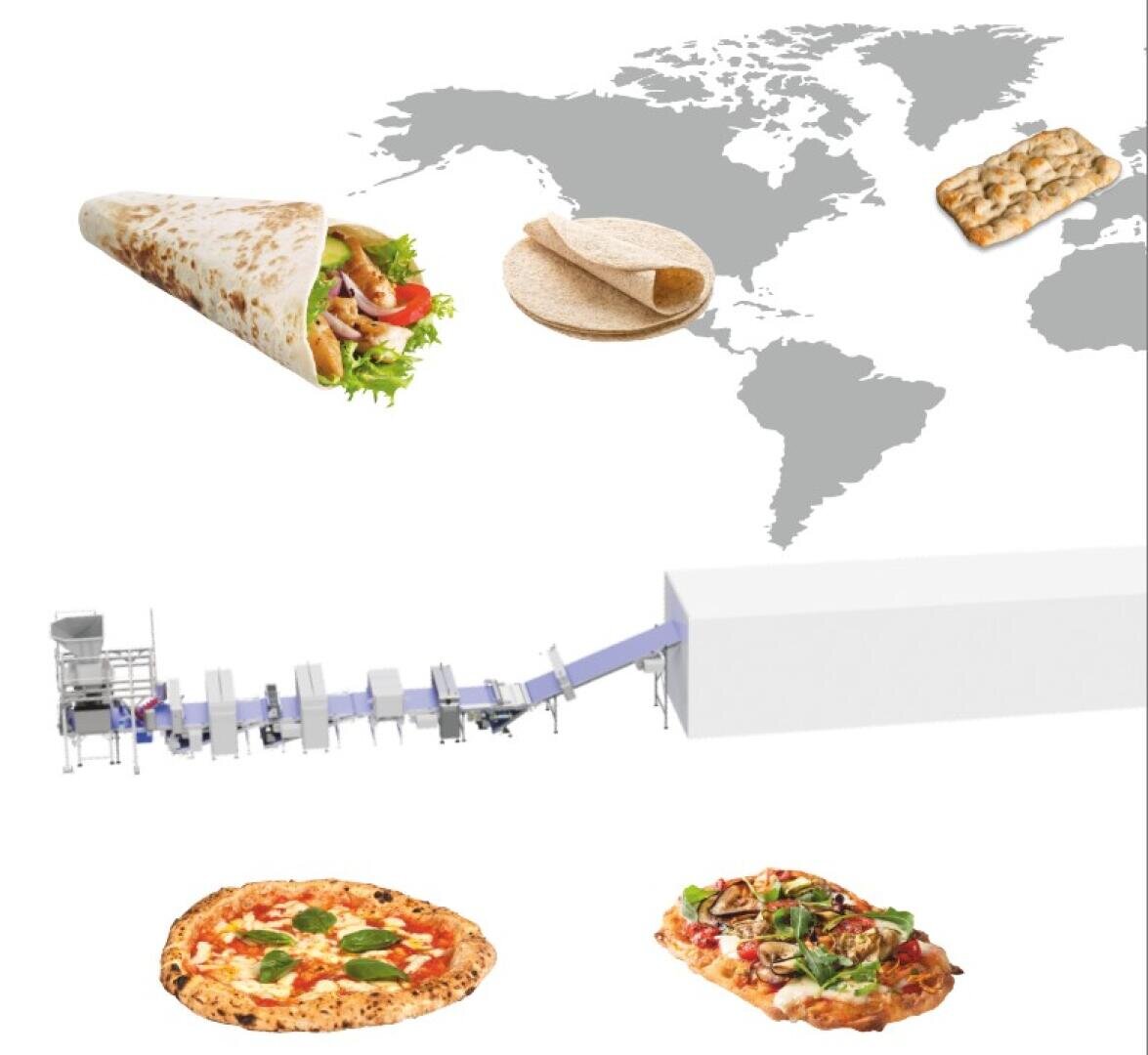 A world map with images of a wrap, flatbreads, and focaccia at the top, a bread production machine in the middle, and Italian pizzas at the bottom, illustrating the global variety of flatbreads.