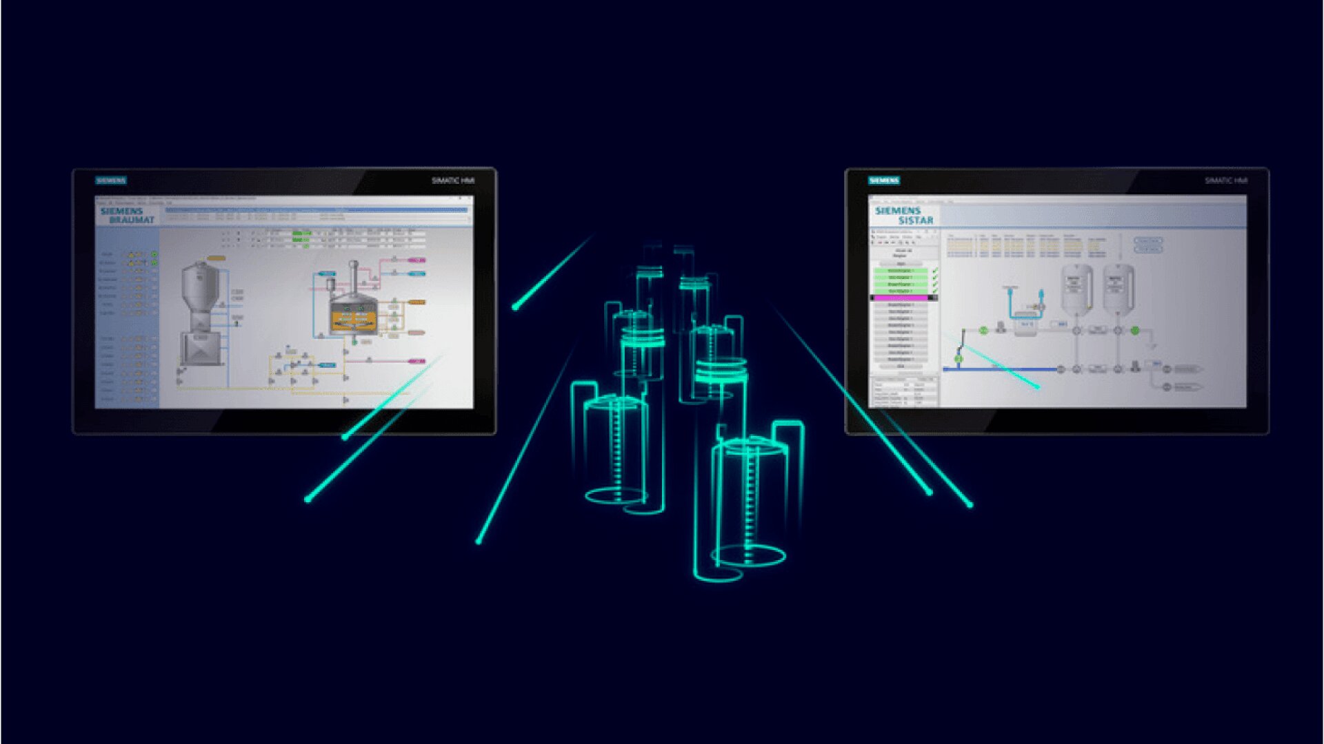 Zwei Siemens SIMATIC HMI-Bildschirme zeigen Prozessdiagramme der Industrieautomatisierung an, die durch digitale Linien mit stilisierten 3D-Tank- und Rohrleitungsgrafiken auf dunkelblauem Hintergrund verbunden sind und die Integration der Prozesssteuerung veranschaulichen.