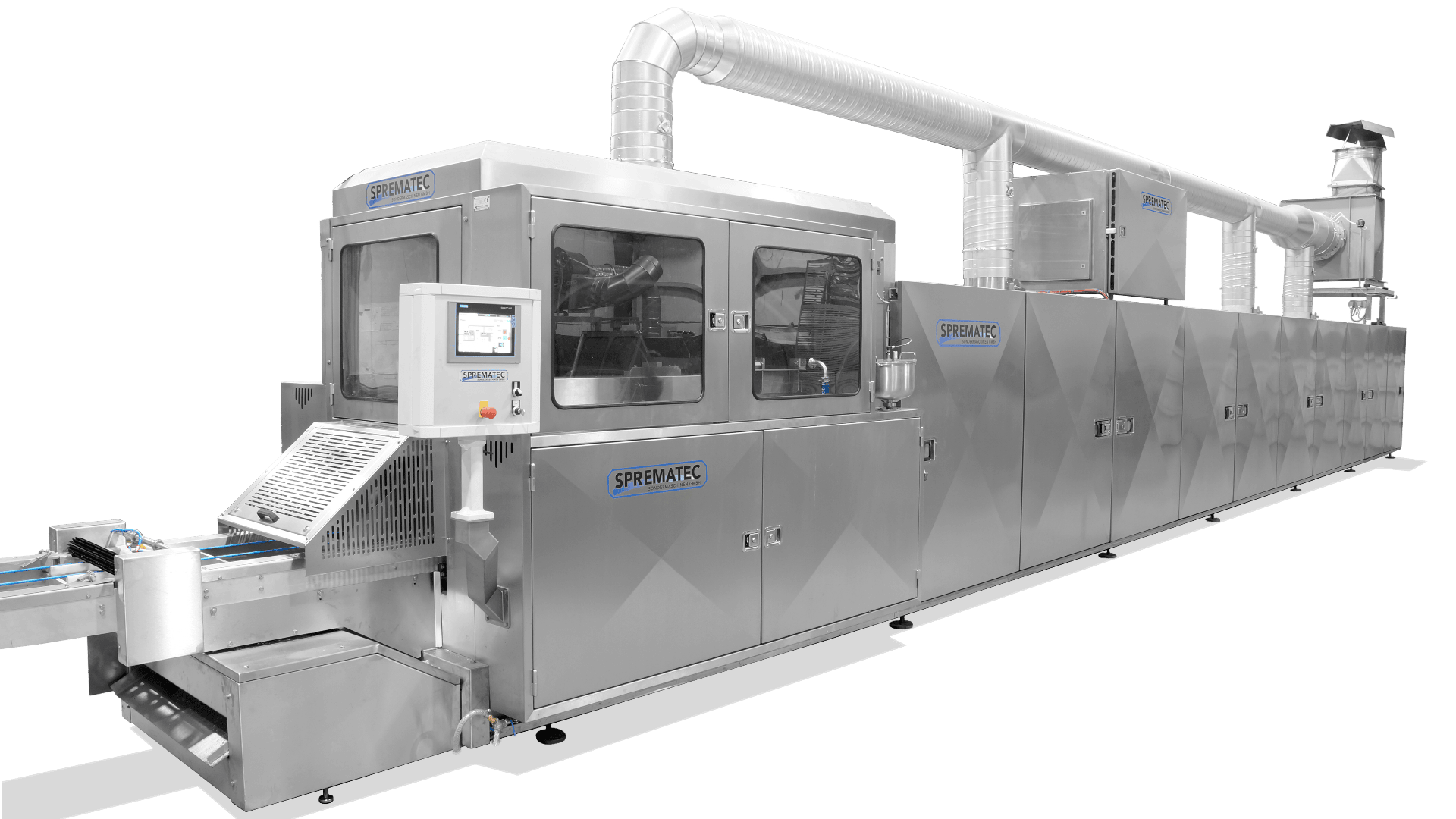 Eine große industrielle Lebensmittelverarbeitungsmaschine aus Edelstahl mit mehreren Fächern, einem Kontrollbildschirm, Förderbändern, Lüftungsrohren und dem an den Seiten sichtbaren Markennamen Spreafico.