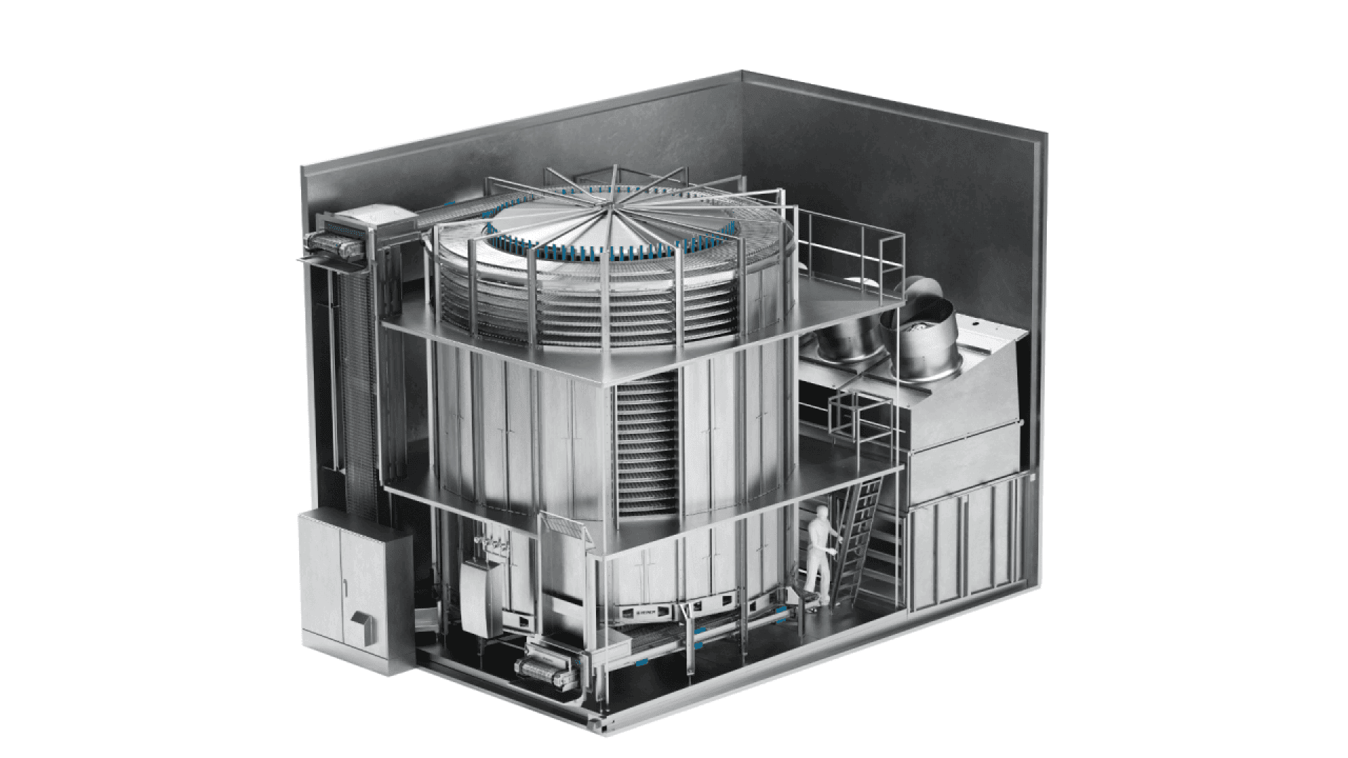 Cutaway view of an industrial cooling tower system with visible interior components, metal tanks, pipes, stairs, and platforms, illustrating the structure and machinery inside a large facility.