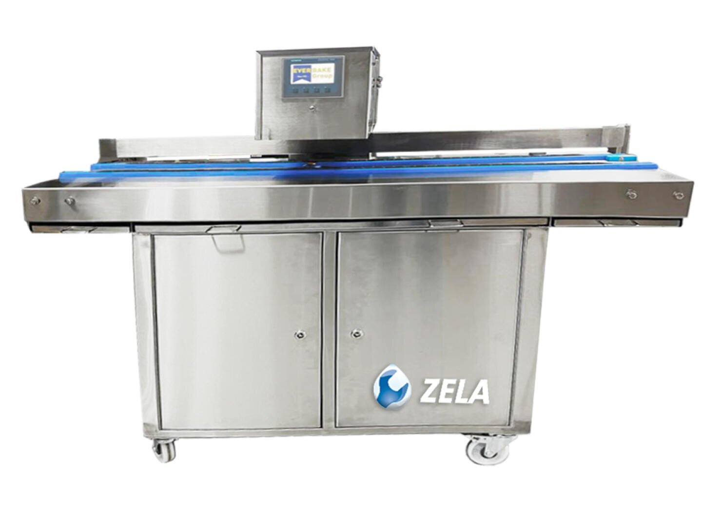 A stainless steel industrial vacuum packaging machine with a digital control panel and a blue conveyor belt, labeled with the ZELA logo, positioned on caster wheels.