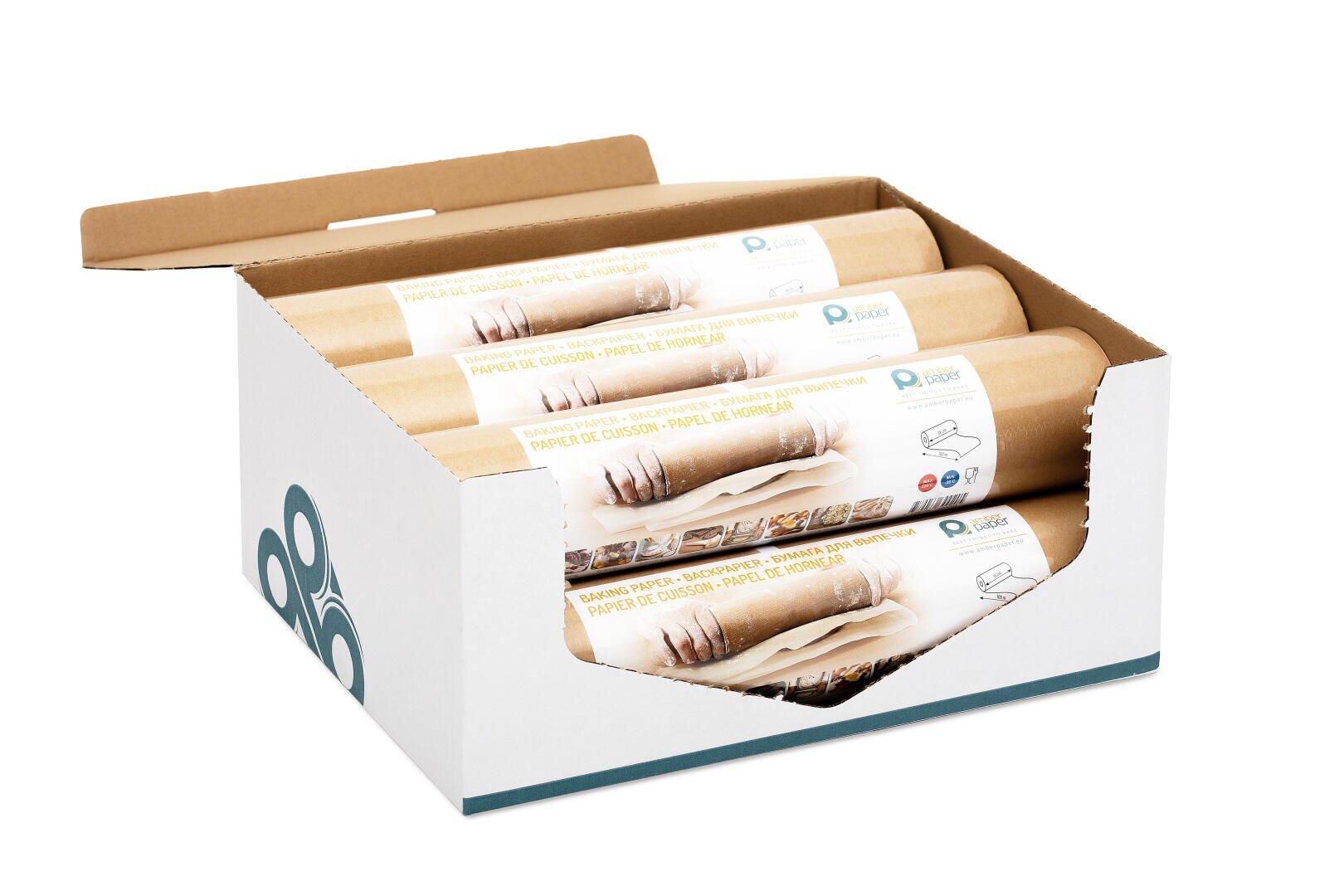 Eine weiße Pappschachtel mit fünf Rollen braunen Backpapiers, die einzeln mit einem Etikett verpackt sind, das Hände beim Kneten des Teigs zeigt. Die Schachtel ist geöffnet und gibt den Blick auf die Brötchen im Inneren frei.