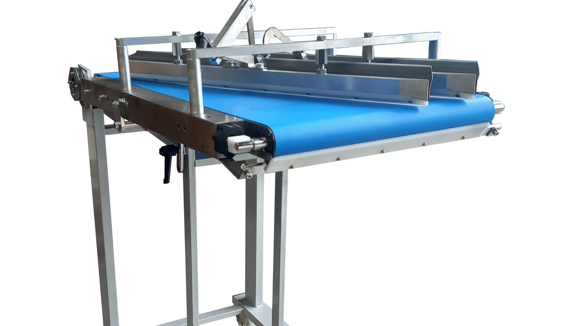 A stainless steel conveyor machine with a blue belt and metal guides, designed for industrial or food processing use, standing on a metal frame against a white background.