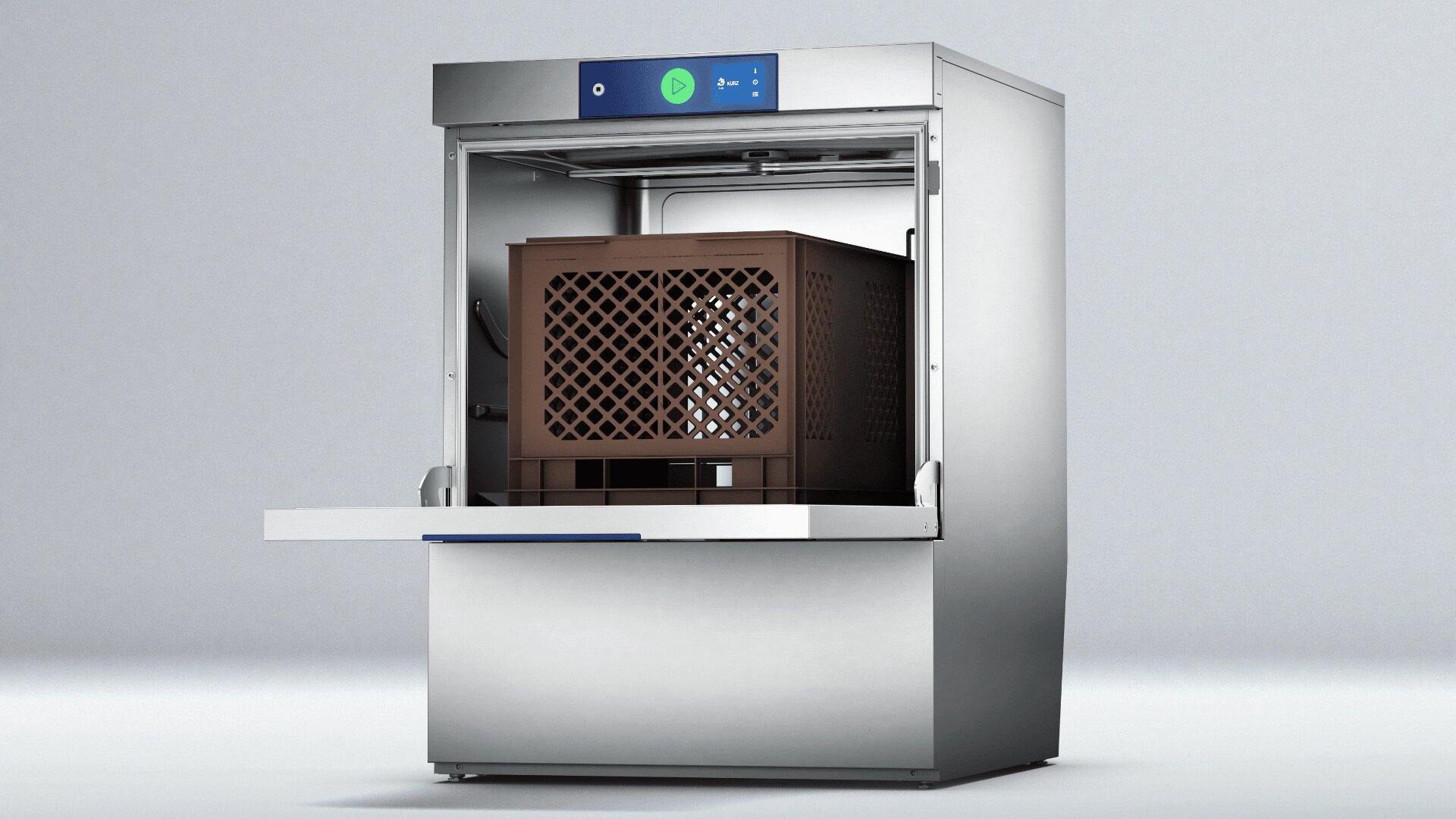 A commercial dishwasher with its door open, displaying a brown plastic crate inside, set against a plain light gray background. The control panel is visible at the top front of the machine.