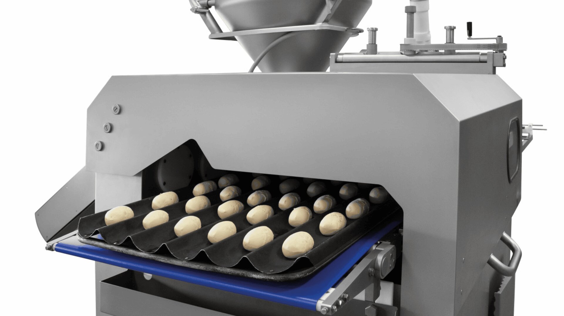 A commercial dough-making machine dispenses uniform balls of dough onto a blue conveyor belt, ready for baking. The machine is made of stainless steel and features an industrial design.