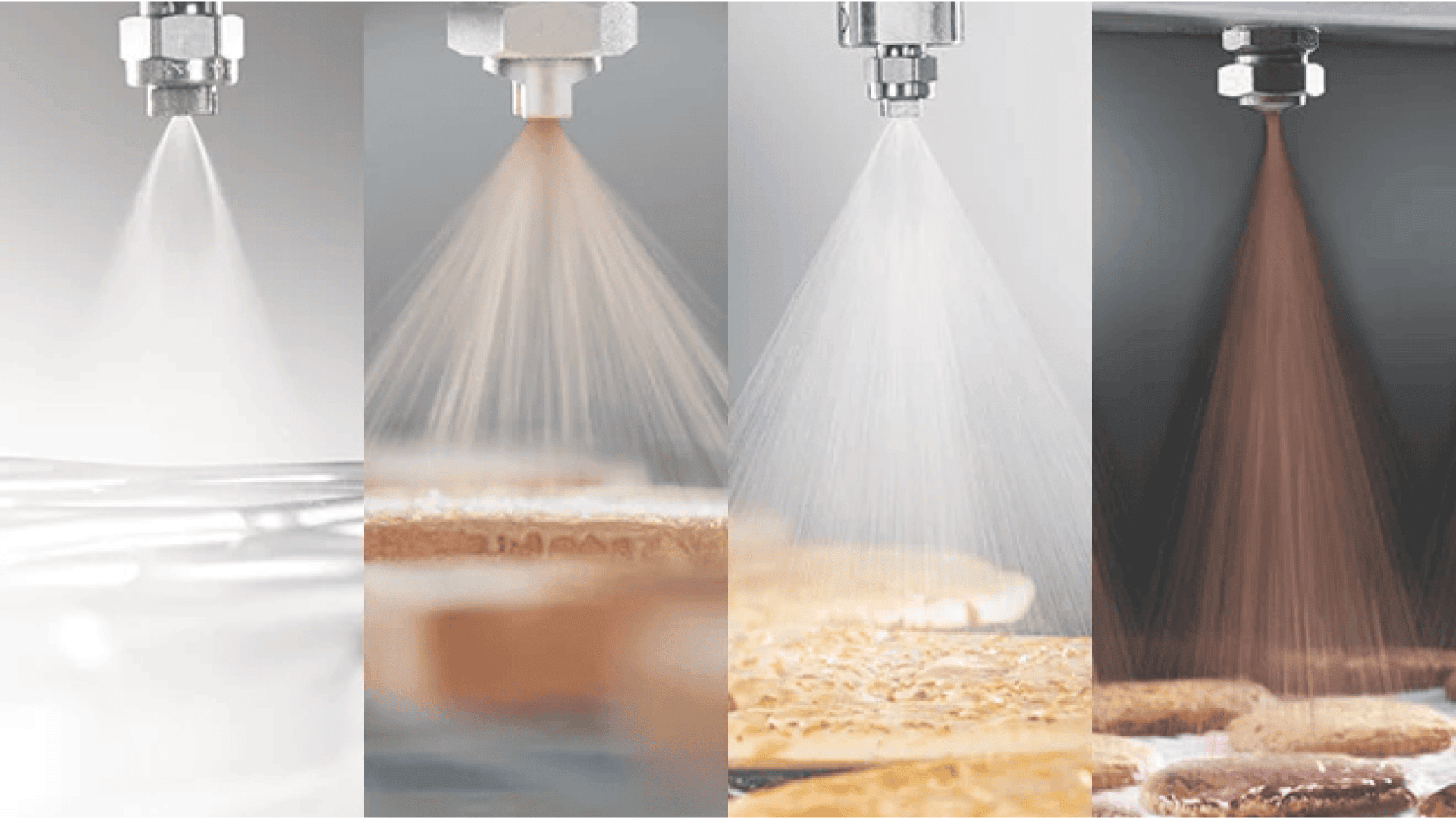 Four close-up views of different spray nozzles dispensing fine mist or liquid over various surfaces, including clear liquid and baked goods, illustrating diverse spray patterns and applications.