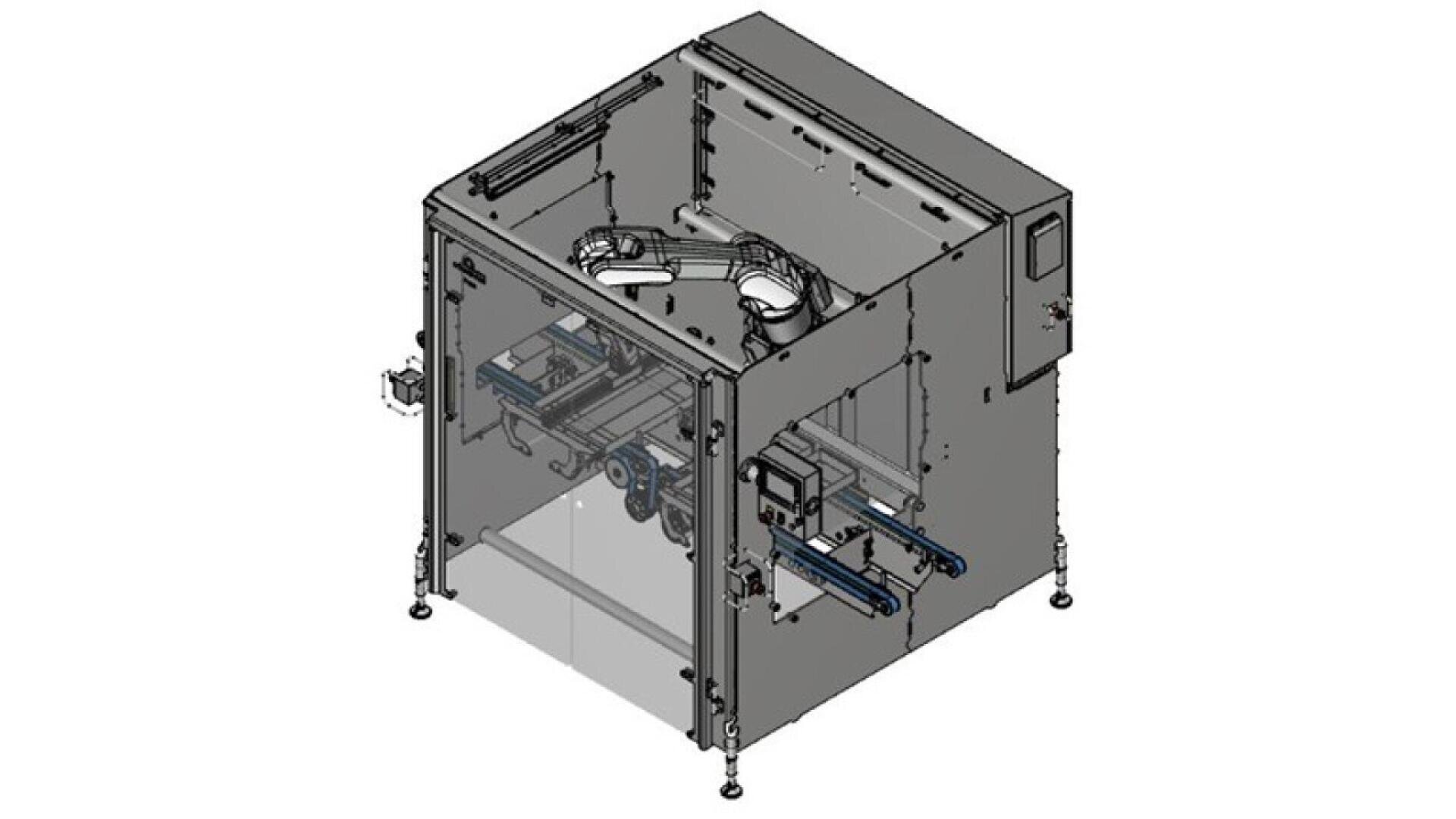 A 3D-rendered image of an industrial machine with a transparent exterior, showing internal components like belts, rollers, and a robotic arm, likely used for automated packaging or assembly processes.