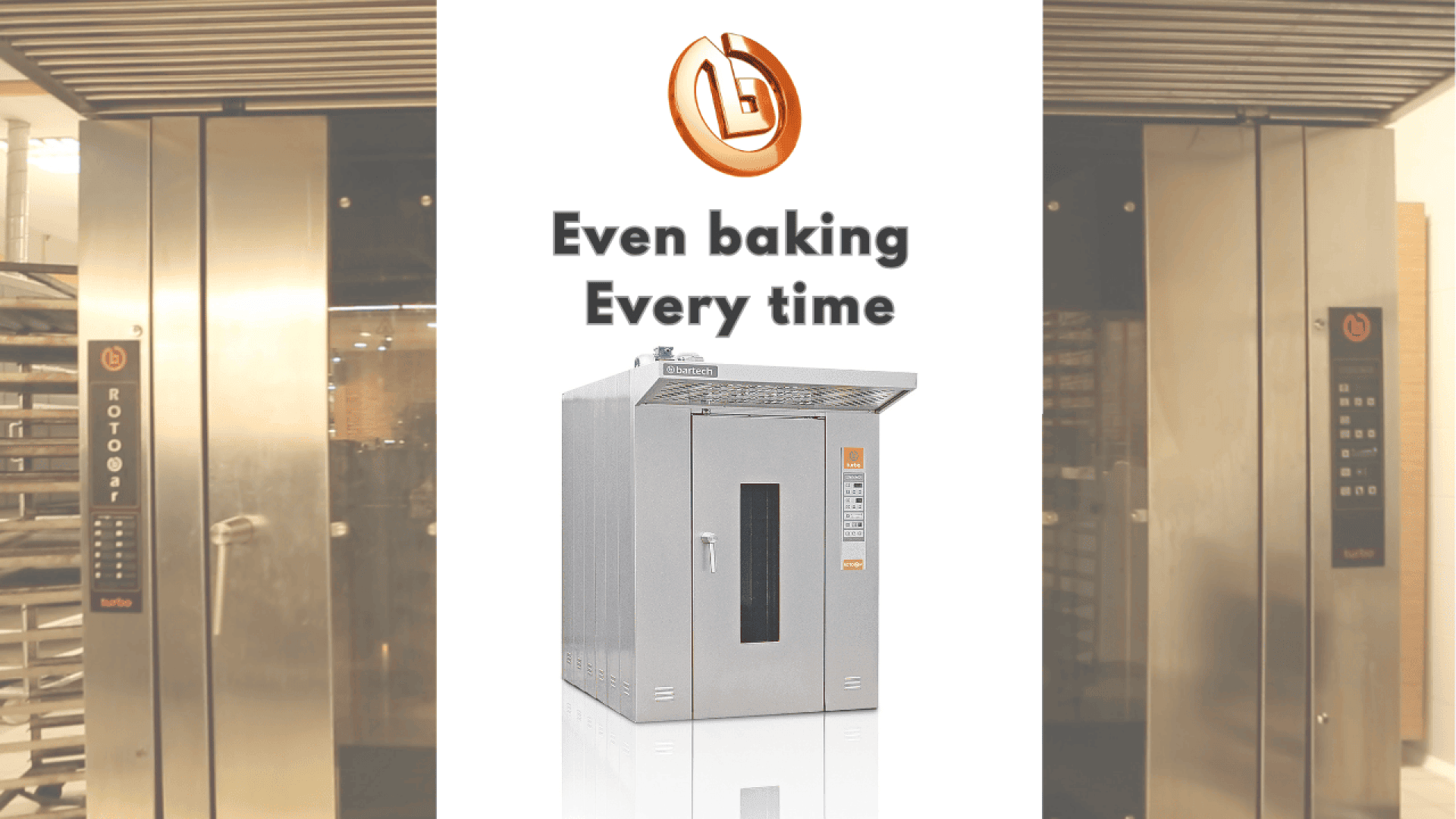 Ein gewerblicher Backofen mit der Aufschrift „Even baking Every time“ und einem braunen Logo darüber, positioniert vor einem unscharfen Hintergrund einer Industrieküche.