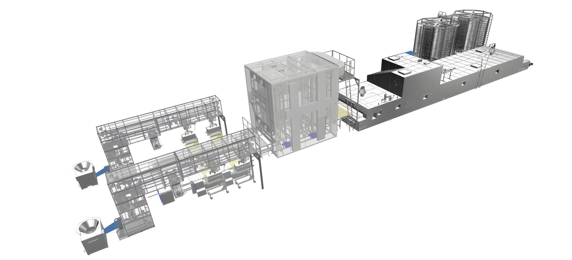 3D rendering of an industrial facility layout with interconnected structures, including machinery, storage tanks, and a central building, all set against a plain white background.