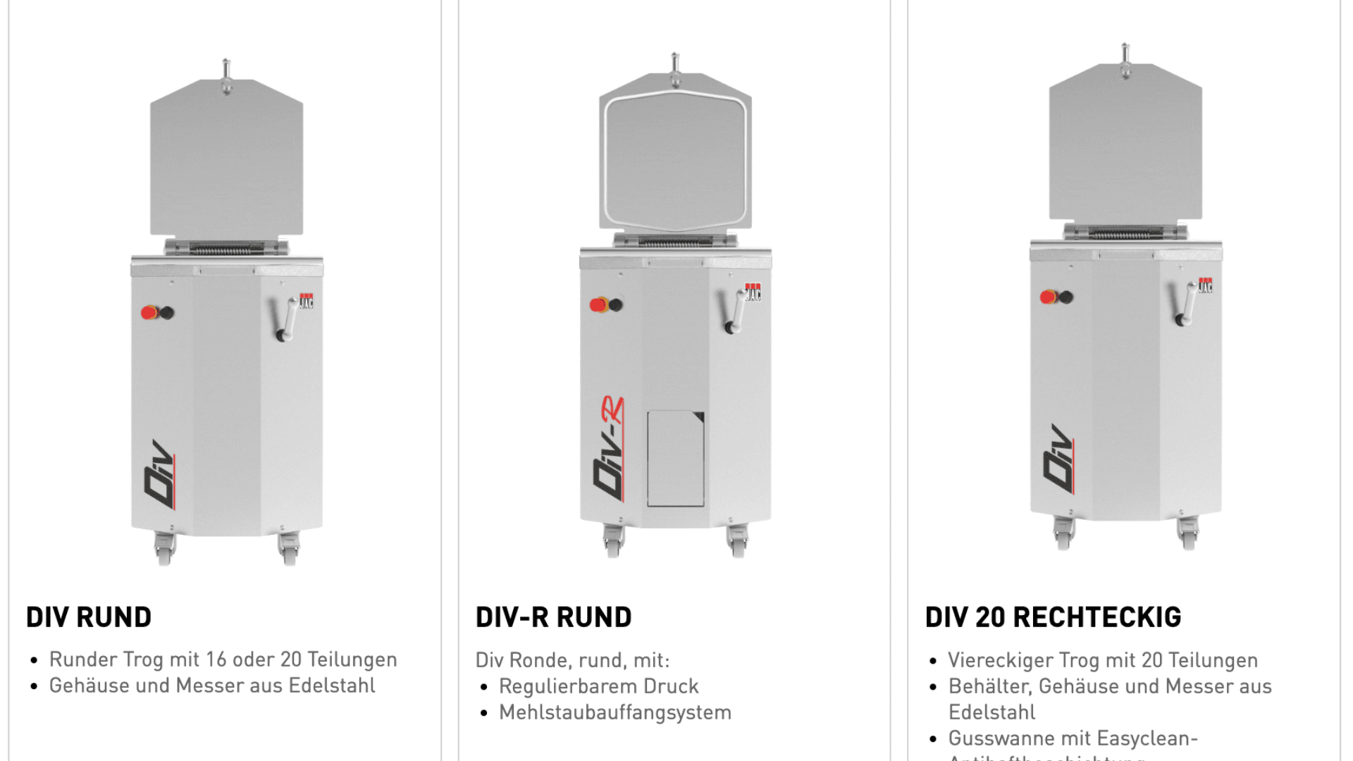 Drei kommerzielle Teigteiler aus rostfreiem Stahl: einer mit runder Schüssel, einer mit der Bezeichnung DIV-R mit runder Schüssel und erweiterten Funktionen und einer mit rechteckiger Schüssel, jeweils auf Rädern mit Bedienelementen an der Vorderseite und erhöhten Deckeln.