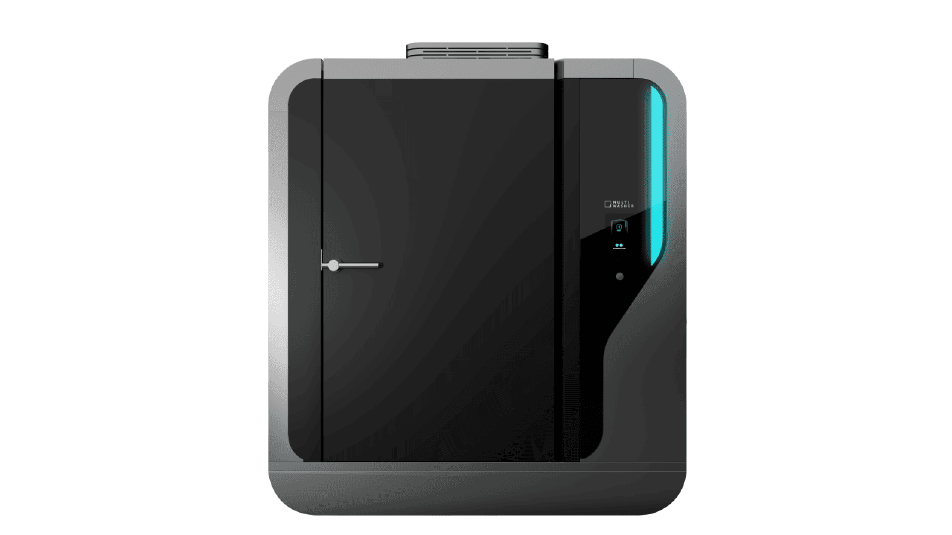 Eine moderne, schwarze, rechteckige Industriemaschine mit einer großen Vordertür, einem Griff auf der linken Seite und einem vertikalen blauen LED-Streifen auf der rechten Seite, isoliert auf einem weißen Hintergrund.