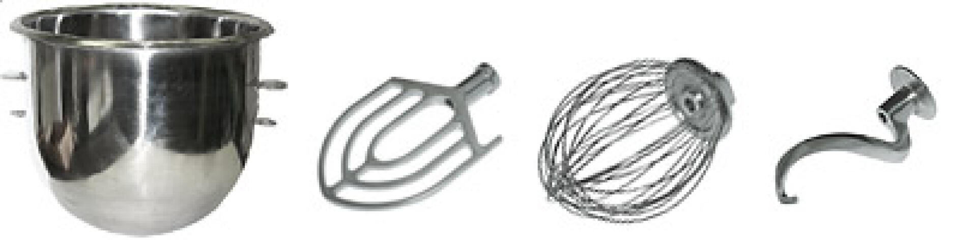 A metal mixing bowl, a flat beater, a whisk and a dough hook - all accessories for a stand mixer - arranged in a row against a white background.