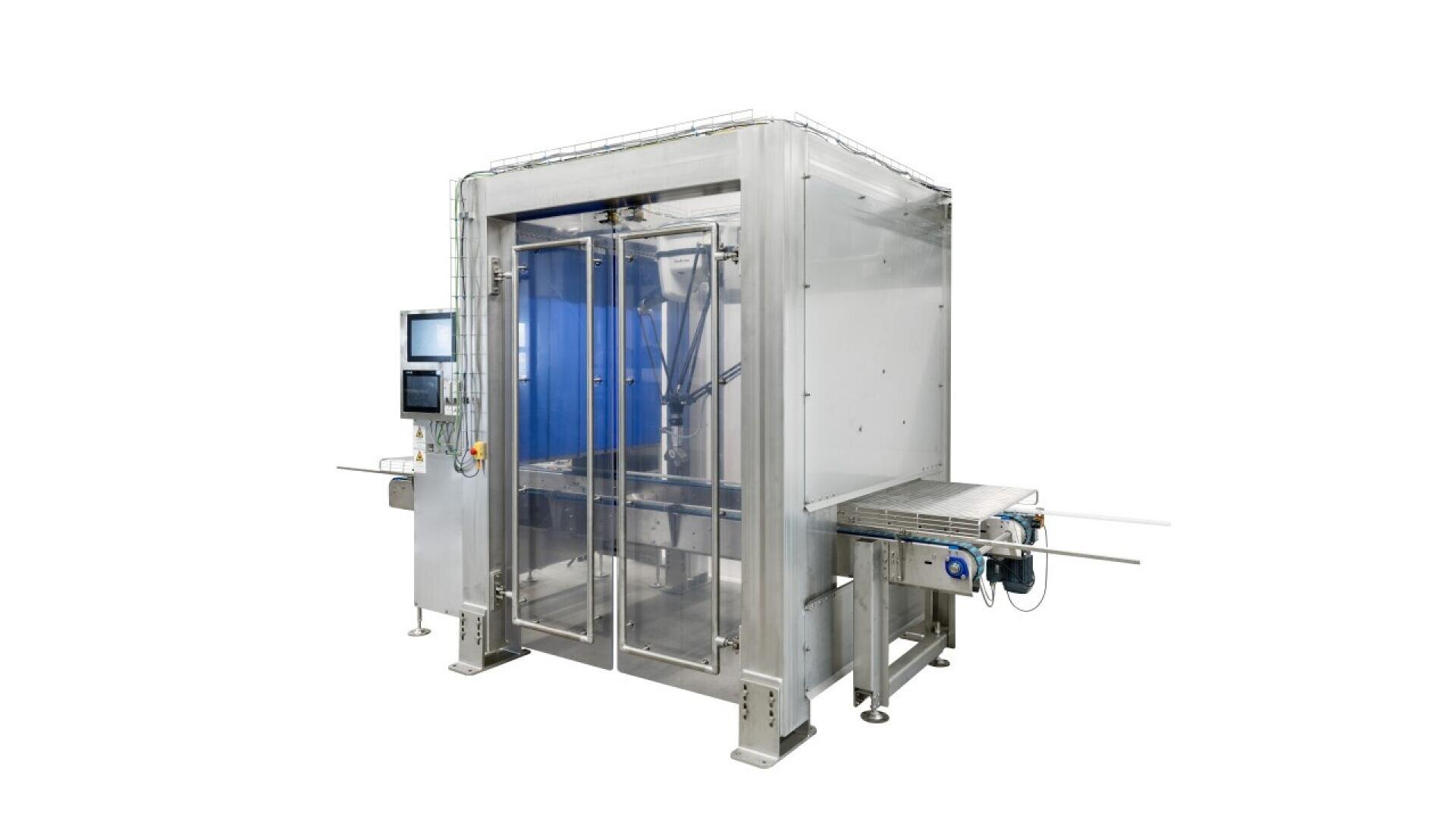 A large industrial robotic packaging machine with a transparent front panel, control screens on the left side, and a conveyor belt extending from the right, set against a plain white background.