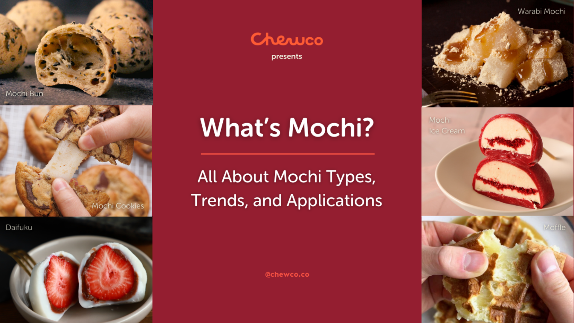 A promotional image for Chewco about mochi types, trends, and uses. It shows various mochi desserts, including mochi BLT, cookies, daifuku, warabi mochi, mochi ice cream, and moffle, around a red central text box.