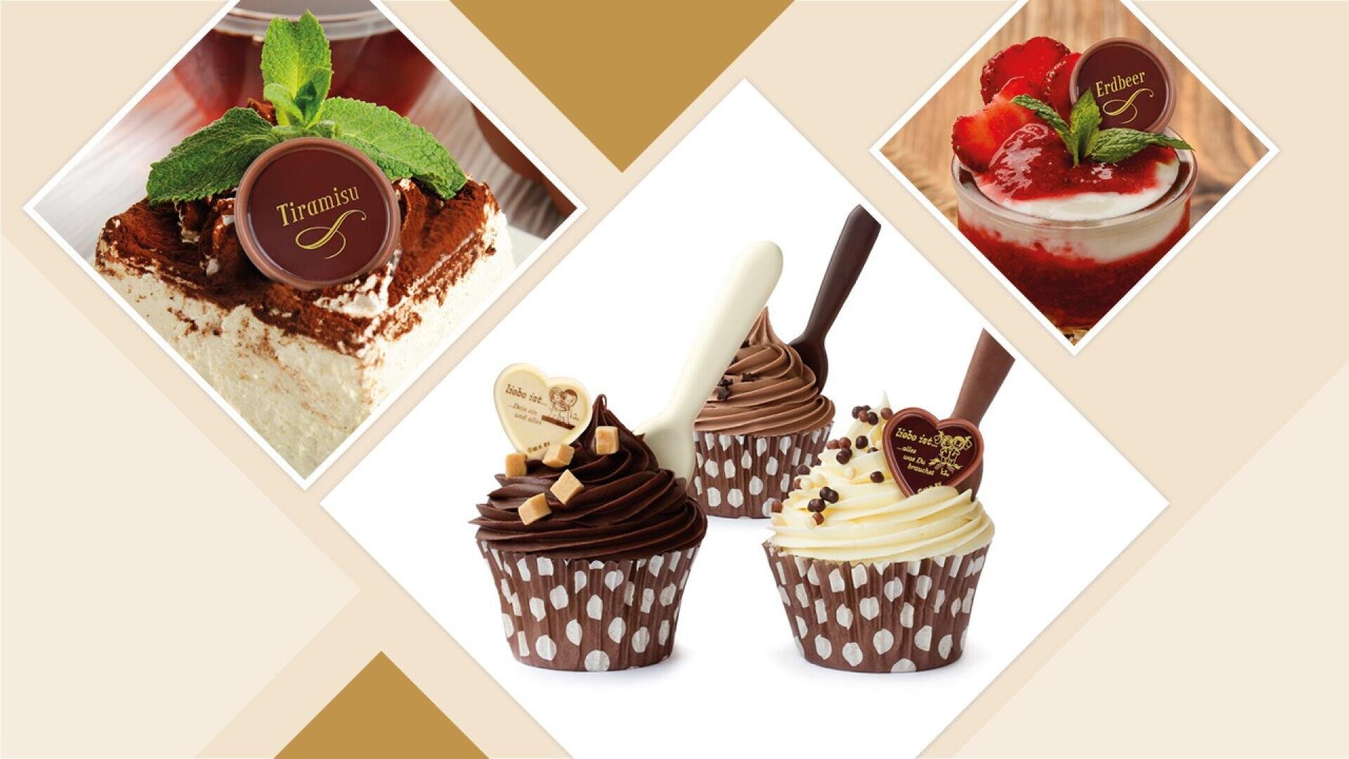 Assorted desserts including tiramisu, strawberry mousse, and three decorated cupcakes with chocolate, vanilla, and white chocolate toppings, arranged on a beige geometric background.