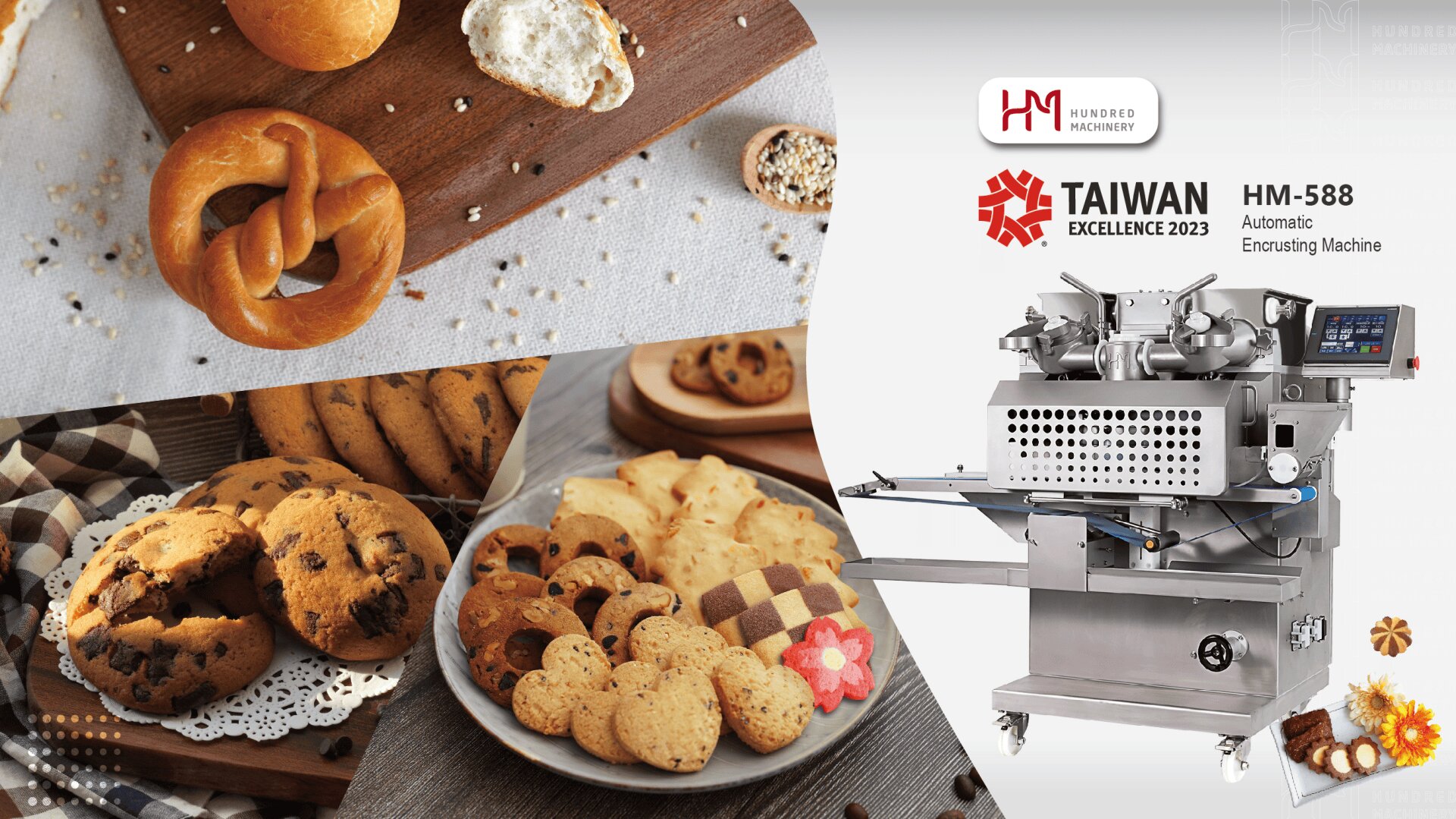 A collage showing various cookies and pretzels beside a stainless steel HM-588 Automatic Encrusting Machine, with a Taiwan Excellence 2023 award badge and the Hundred Machinery logo.