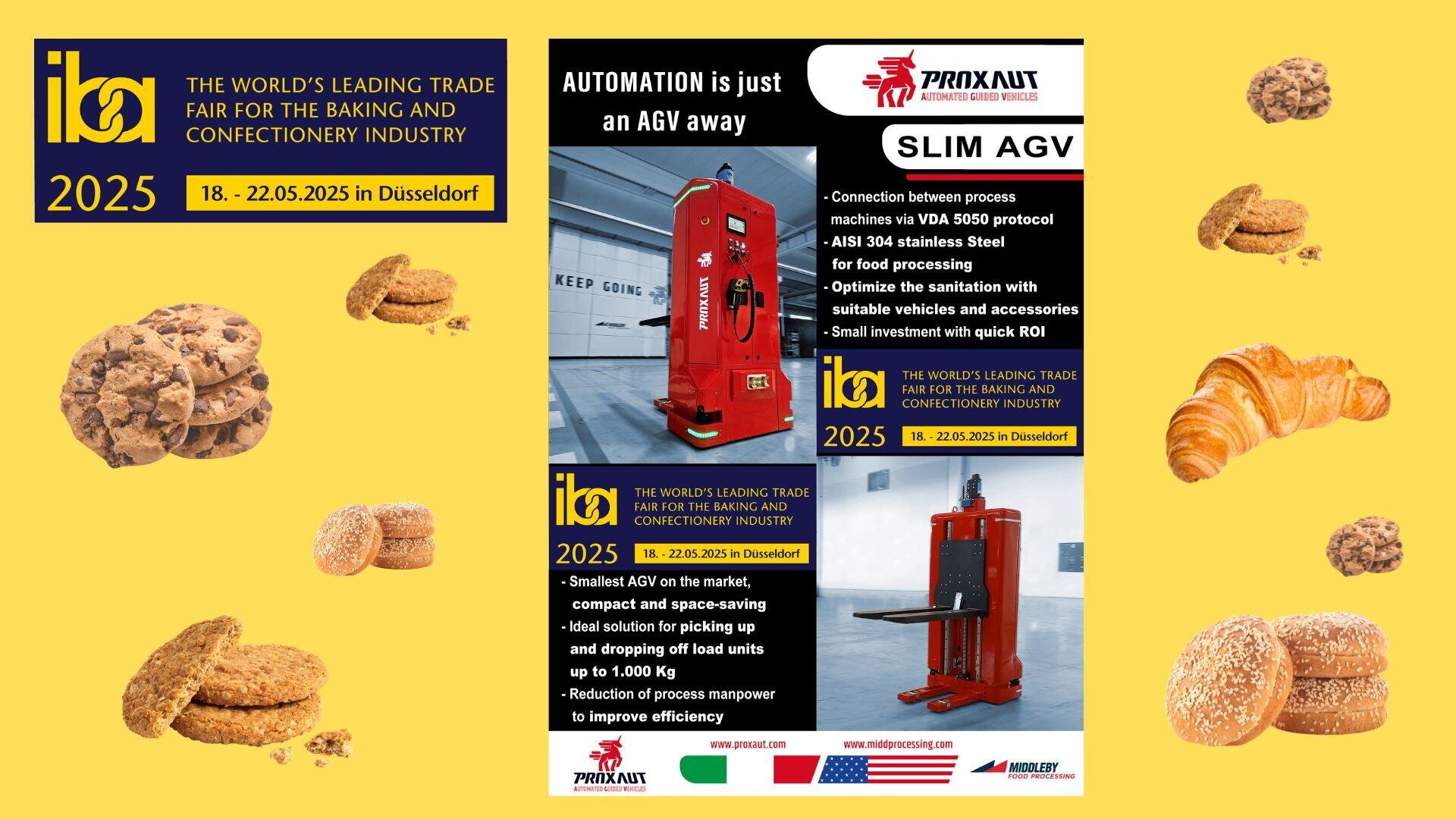 Werbung für die iba 2025, eine Fachmesse für Bäckerei und Konditorei in Düsseldorf. Das Bild zeigt Kekse, Brot und eine rote SLIM AGV-Maschine von Pronkut mit Veranstaltungsdaten und Beschreibungen des Exponats.