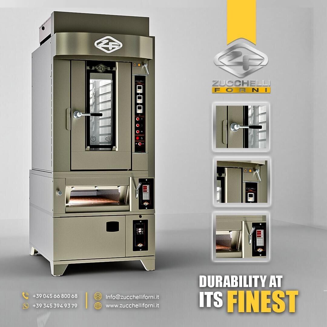 Commercial bread oven with a glass door, digital and manual controls, and metal finish stands on tiled floor. Zucchelli Forni logo and contact info are displayed, along with text: Durability at its finest.