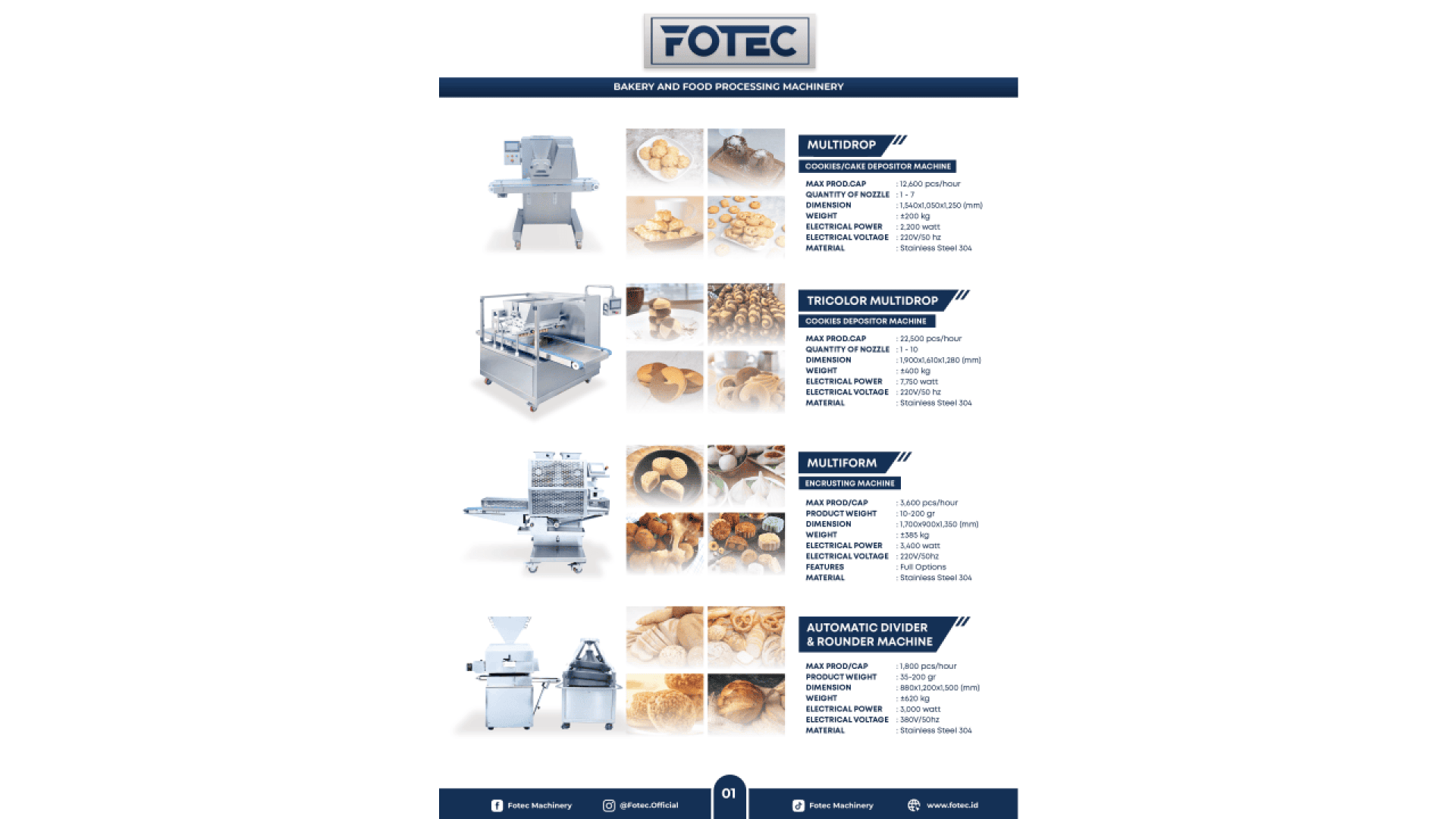 Product brochure for Fotec bakery and food processing machinery, showing images and specifications for Multidrop, Tredrop Multidrop, Industrial Multidrop, and Automatic Divider & Rounder Machine, with sample baked goods.
